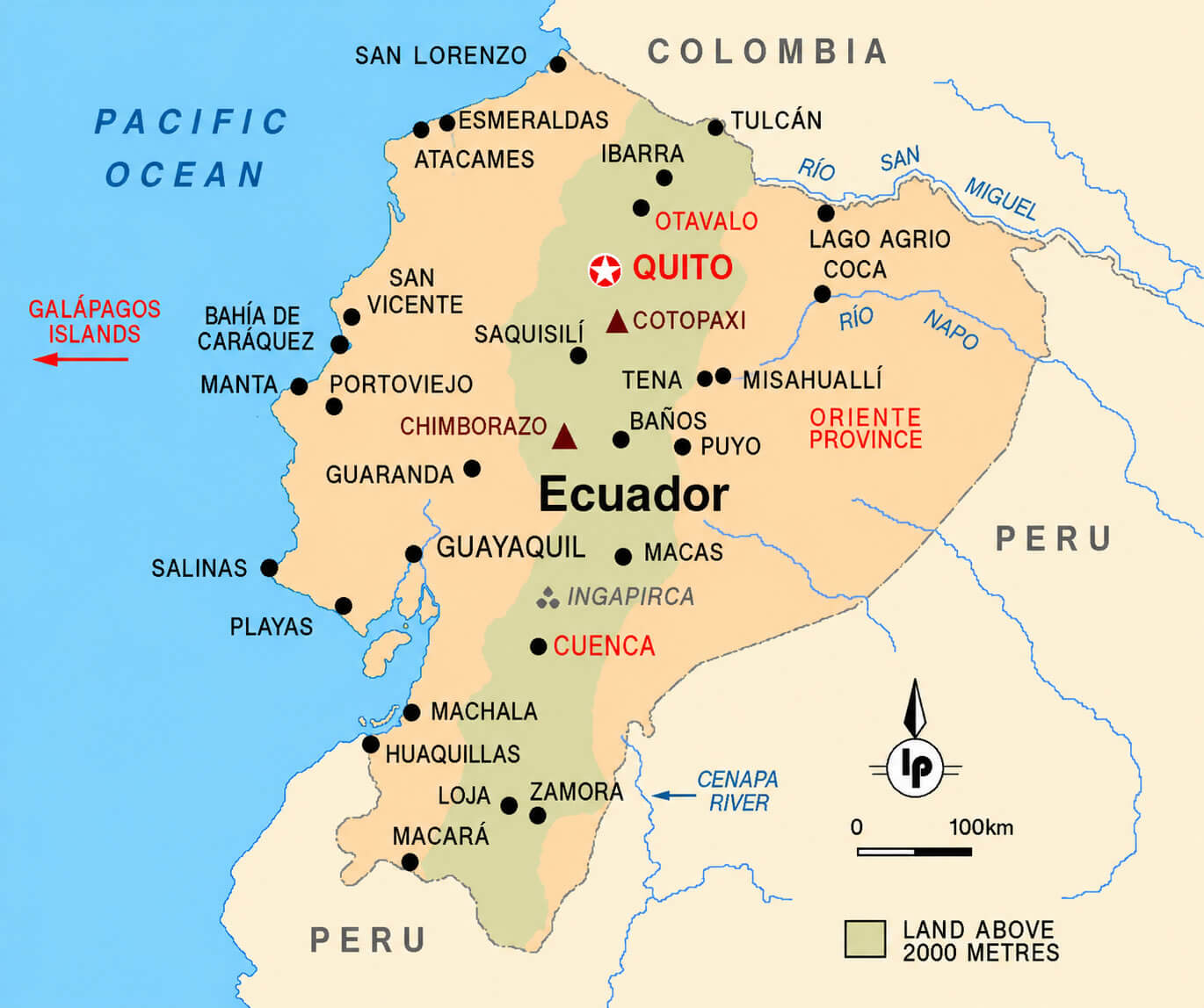 Ecuador cities map with rivers