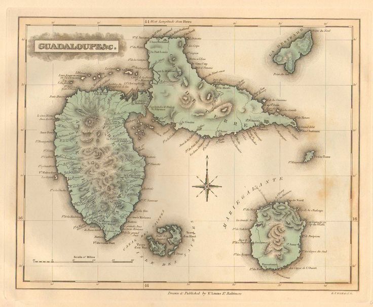 Antique map of Guadeloupe showing detailed topography, islands, and place names with a vintage cartographic style.