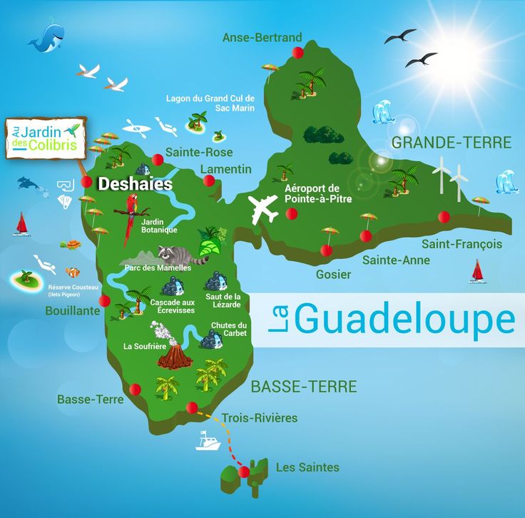 Colorful tourist map of Guadeloupe highlighting major attractions, cities, and natural landmarks.