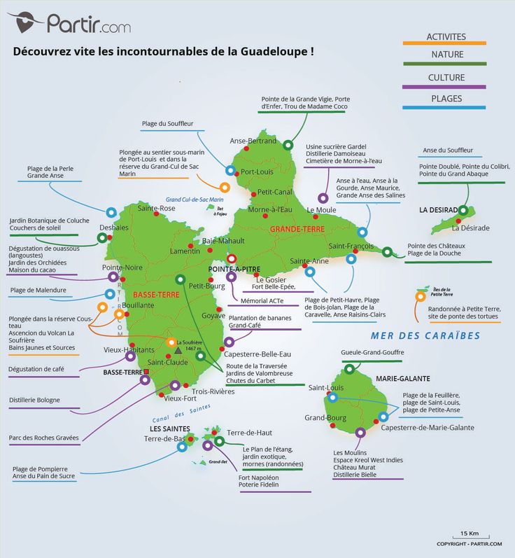 Detailed tourist map of Guadeloupe showing must-visit attractions, beaches, cultural sites, and natural landmarks.