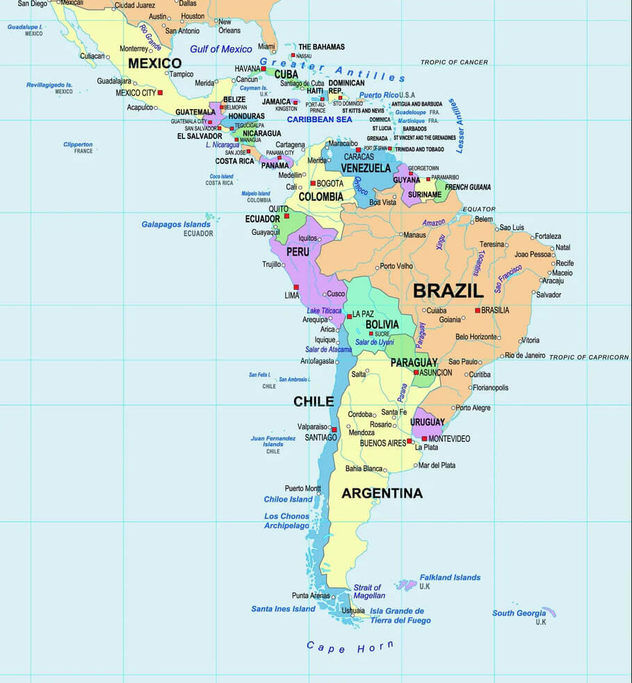 Cities map of South America