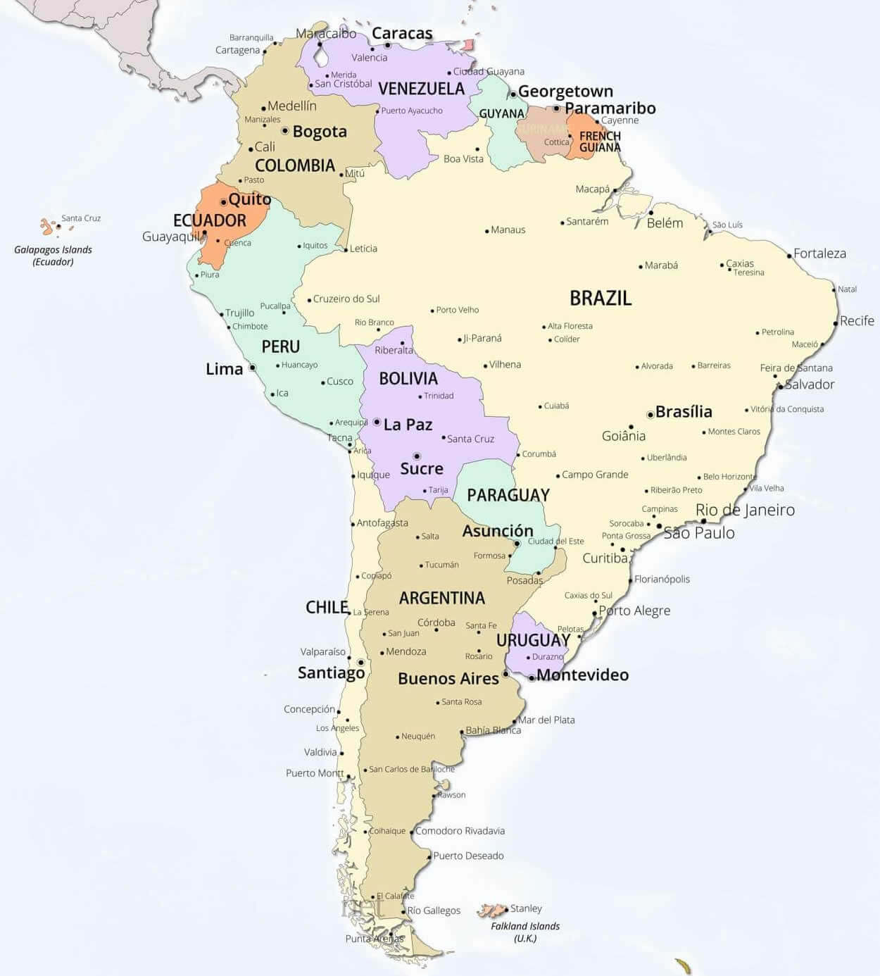 High resolution South America cities map
