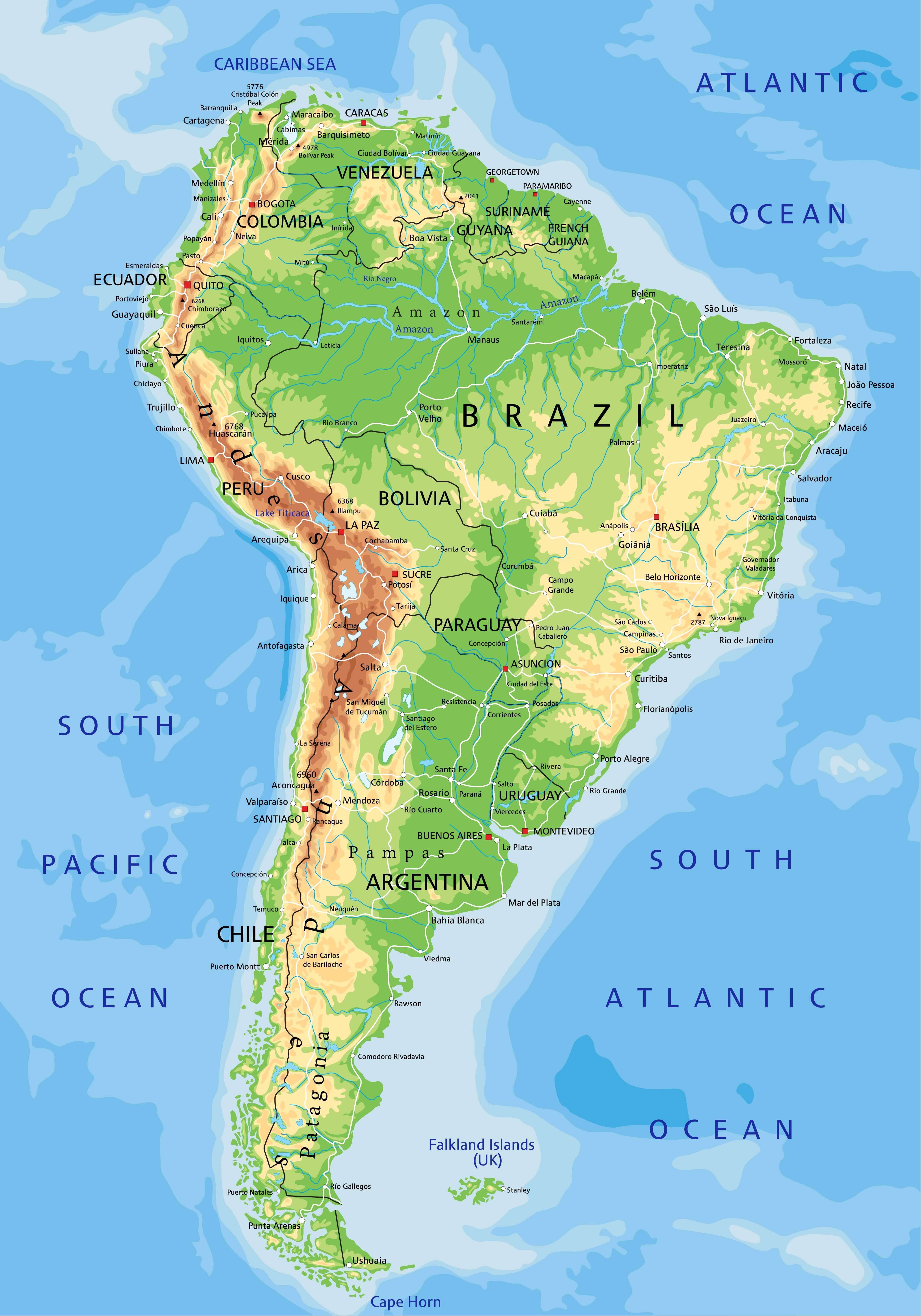 Map of high resolution physical South America