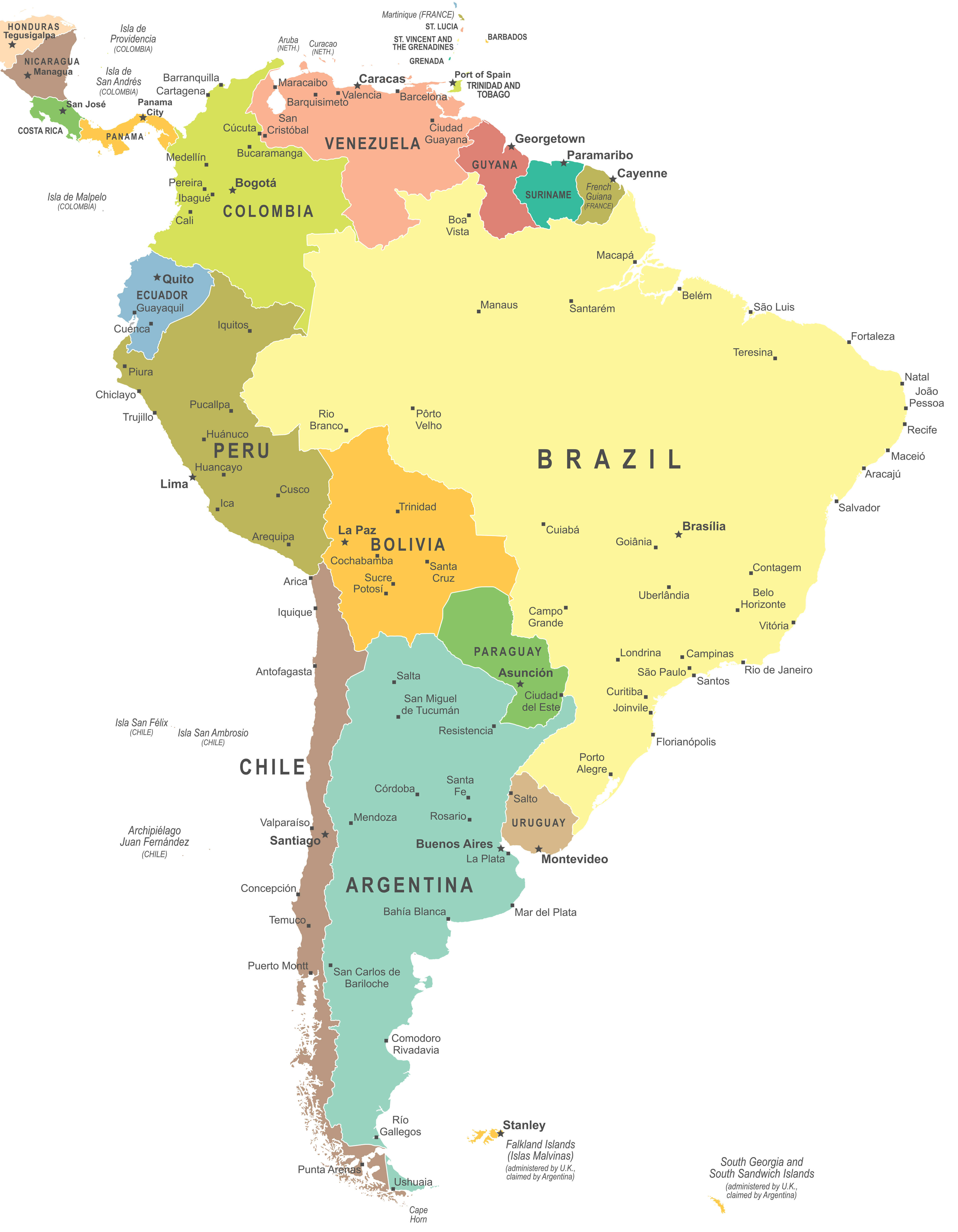 Map of South America with cities