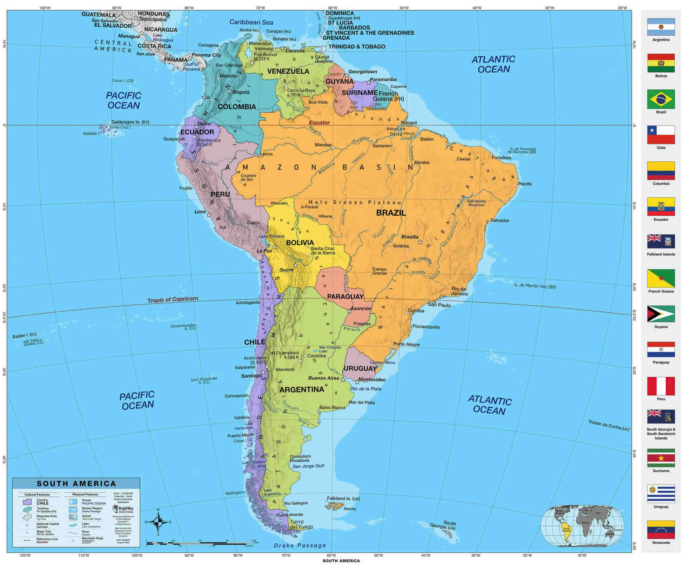 South America cities map with countries flags