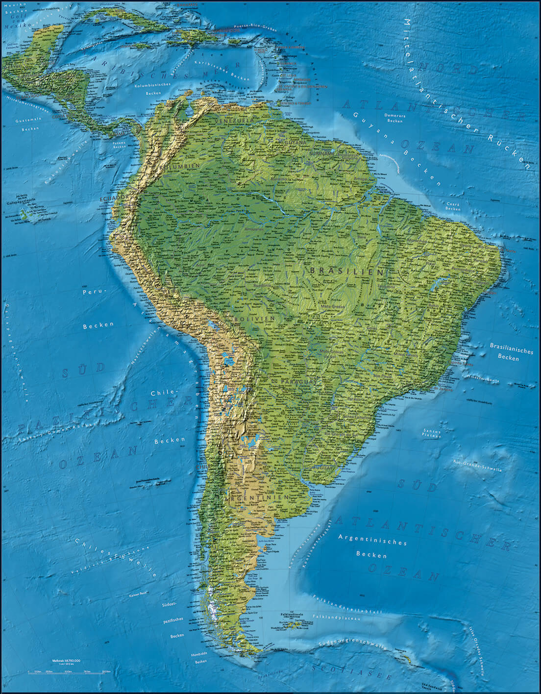 South America physical map in German