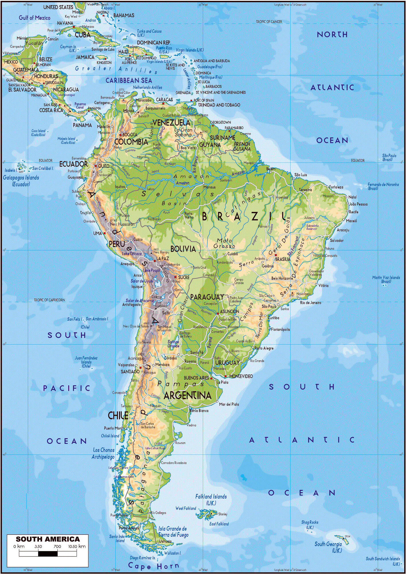 South America physical map