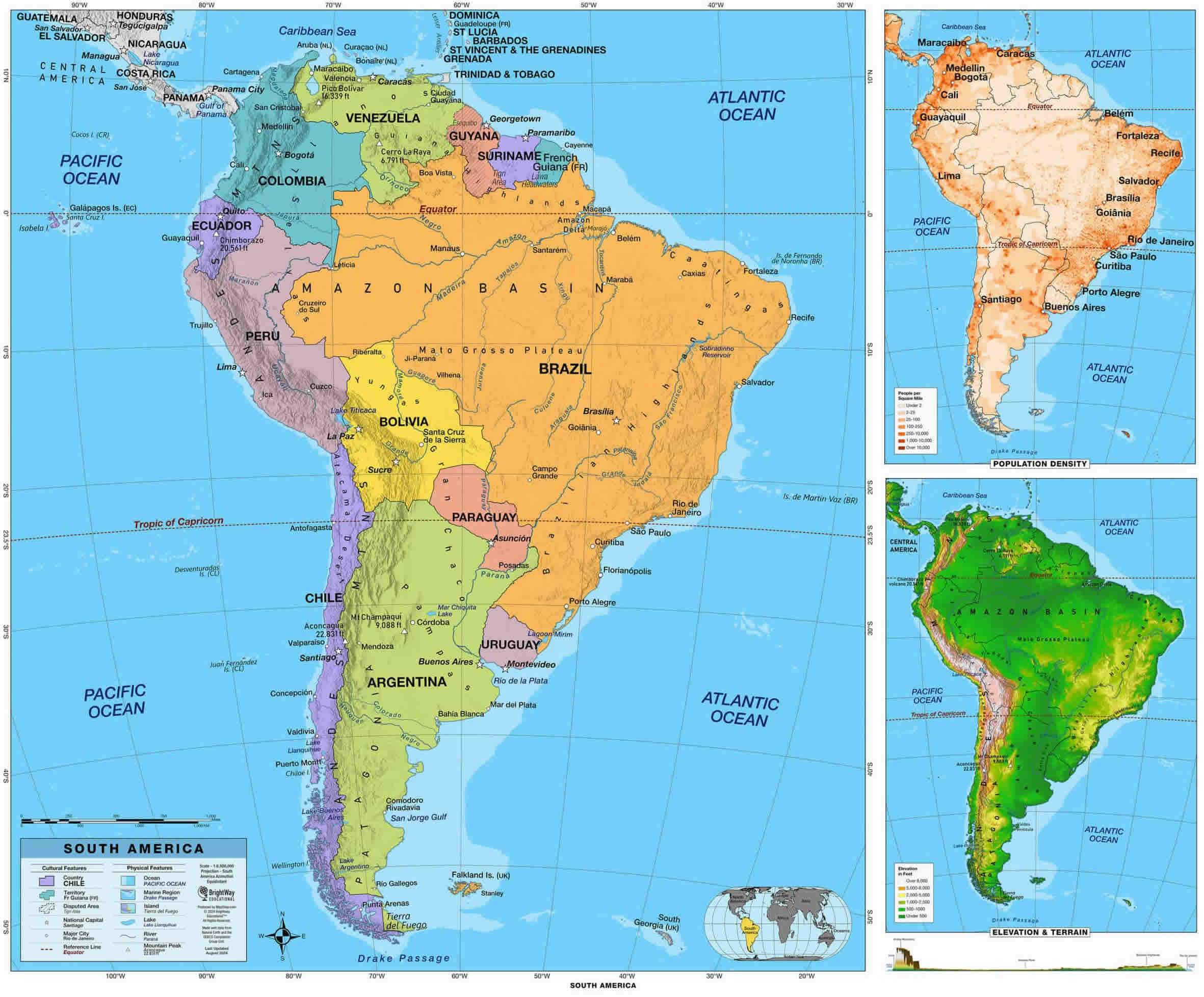 South America population and terrain map