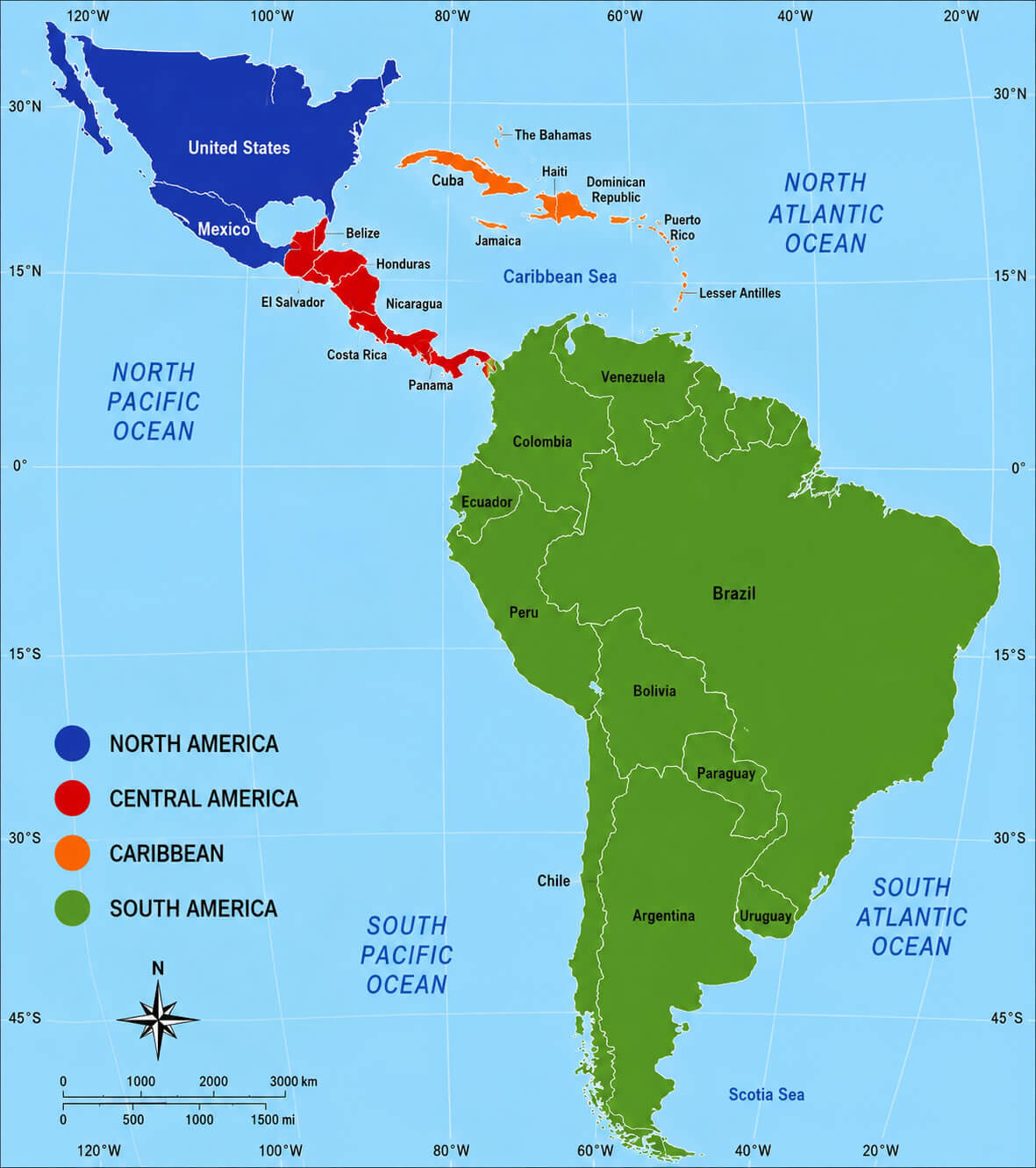 Americas regions map north central South America