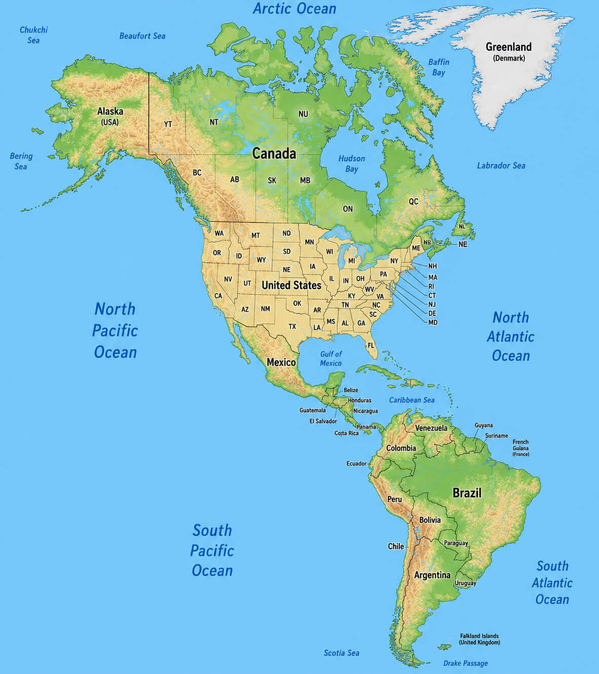 North and South America physical relief map