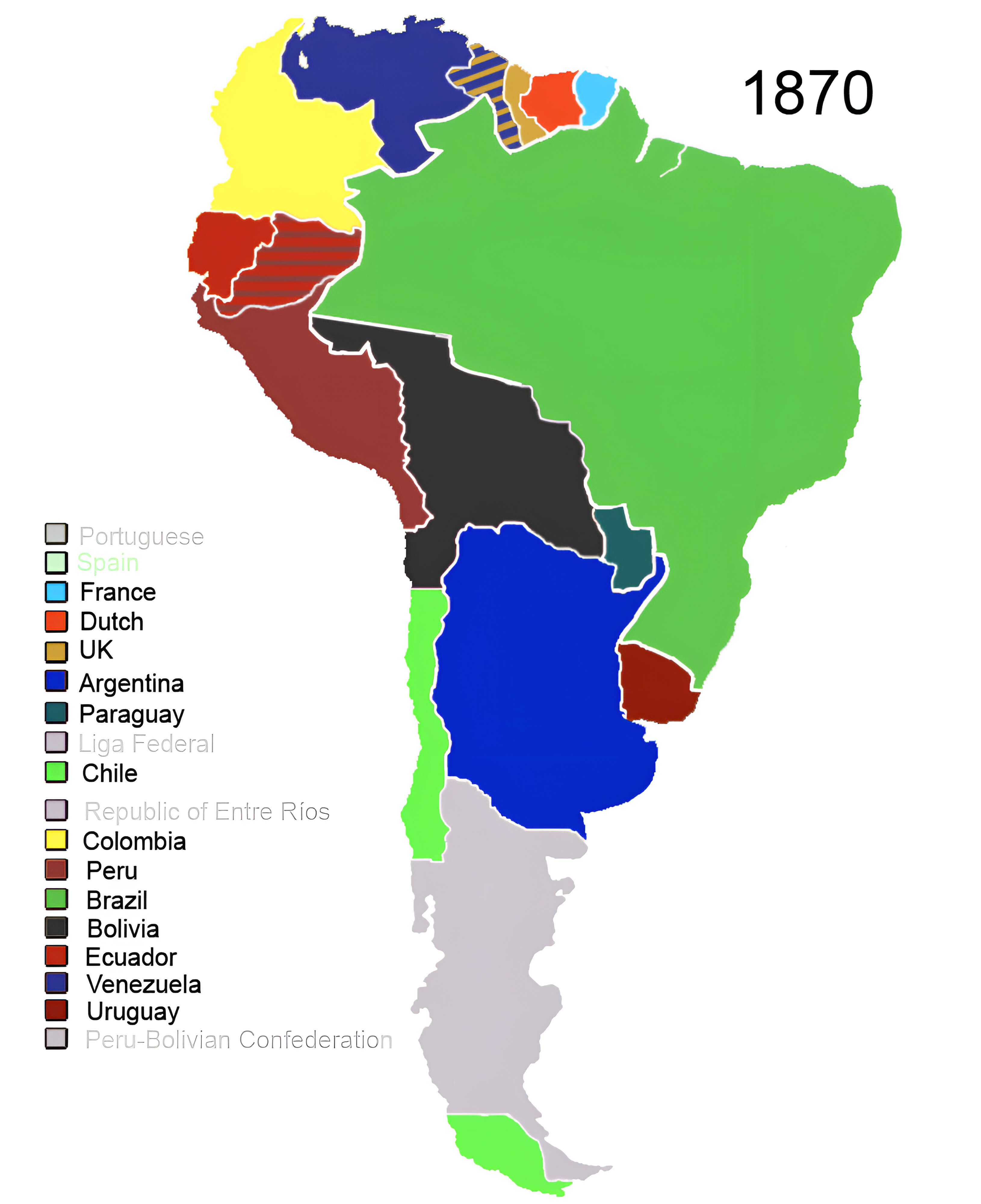 South America colonial powers map 1870