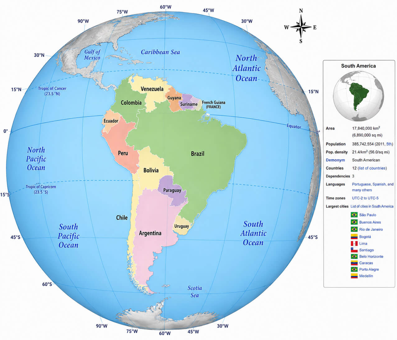 South America globe view political map