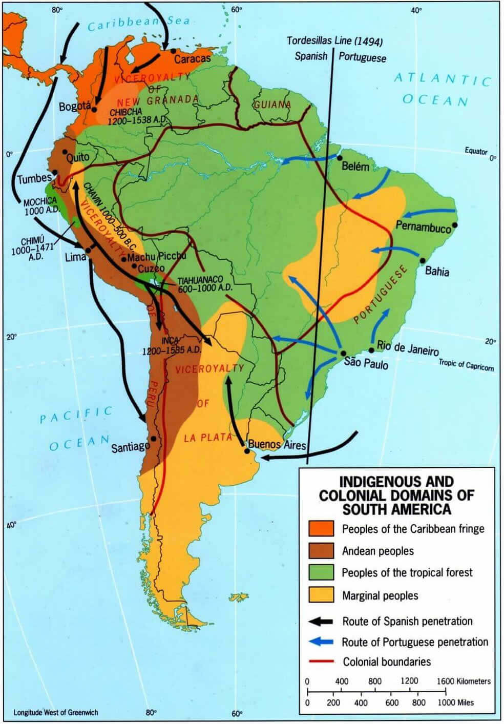 South America indigenous and colonial domains map