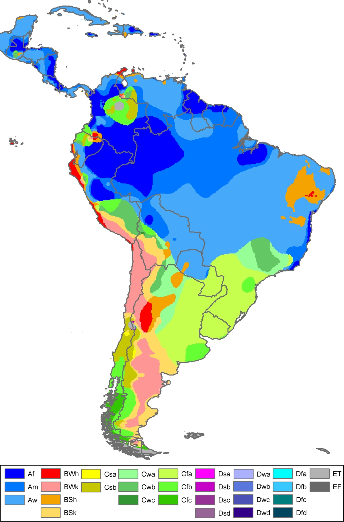 South America koppen climate classification map