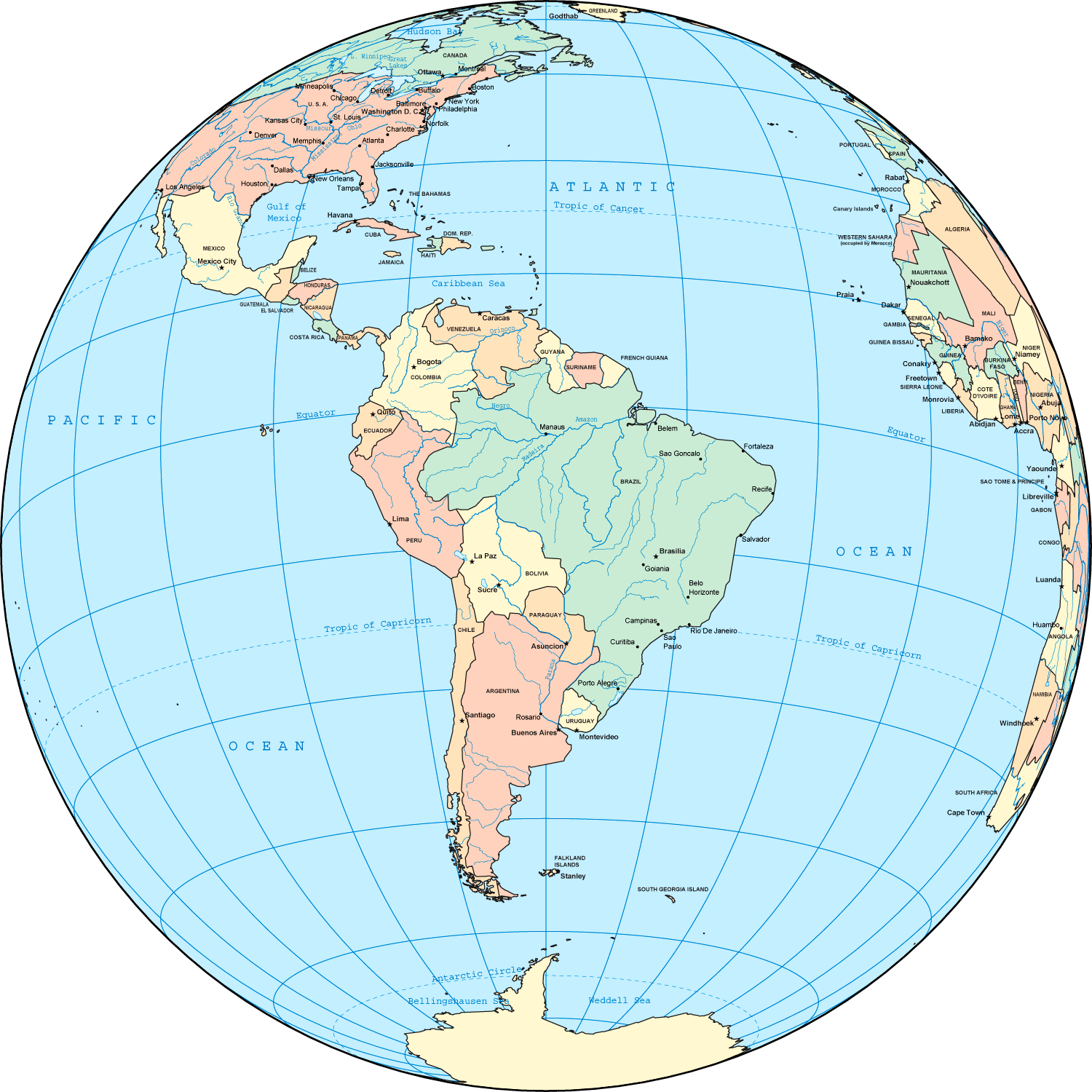 South America on World globe map