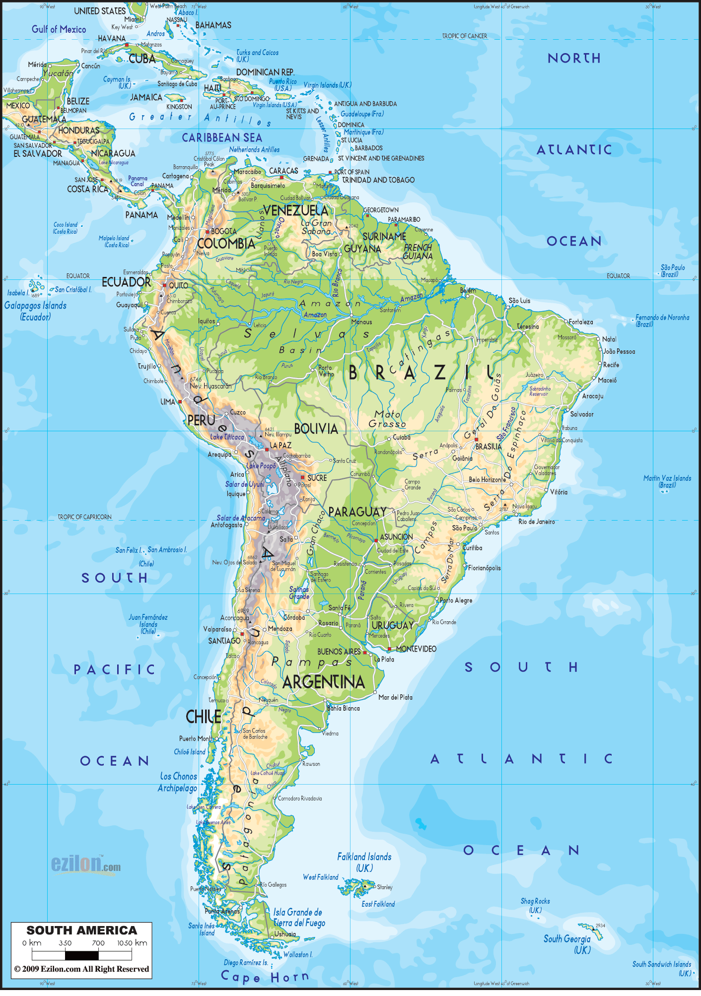 South America physical relief map