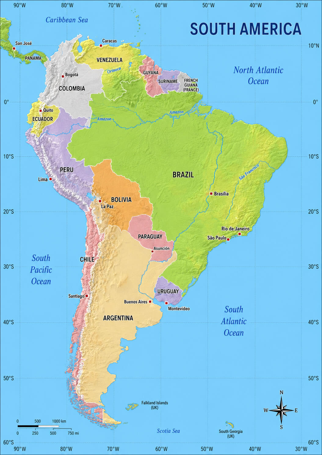 South America political map countries borders