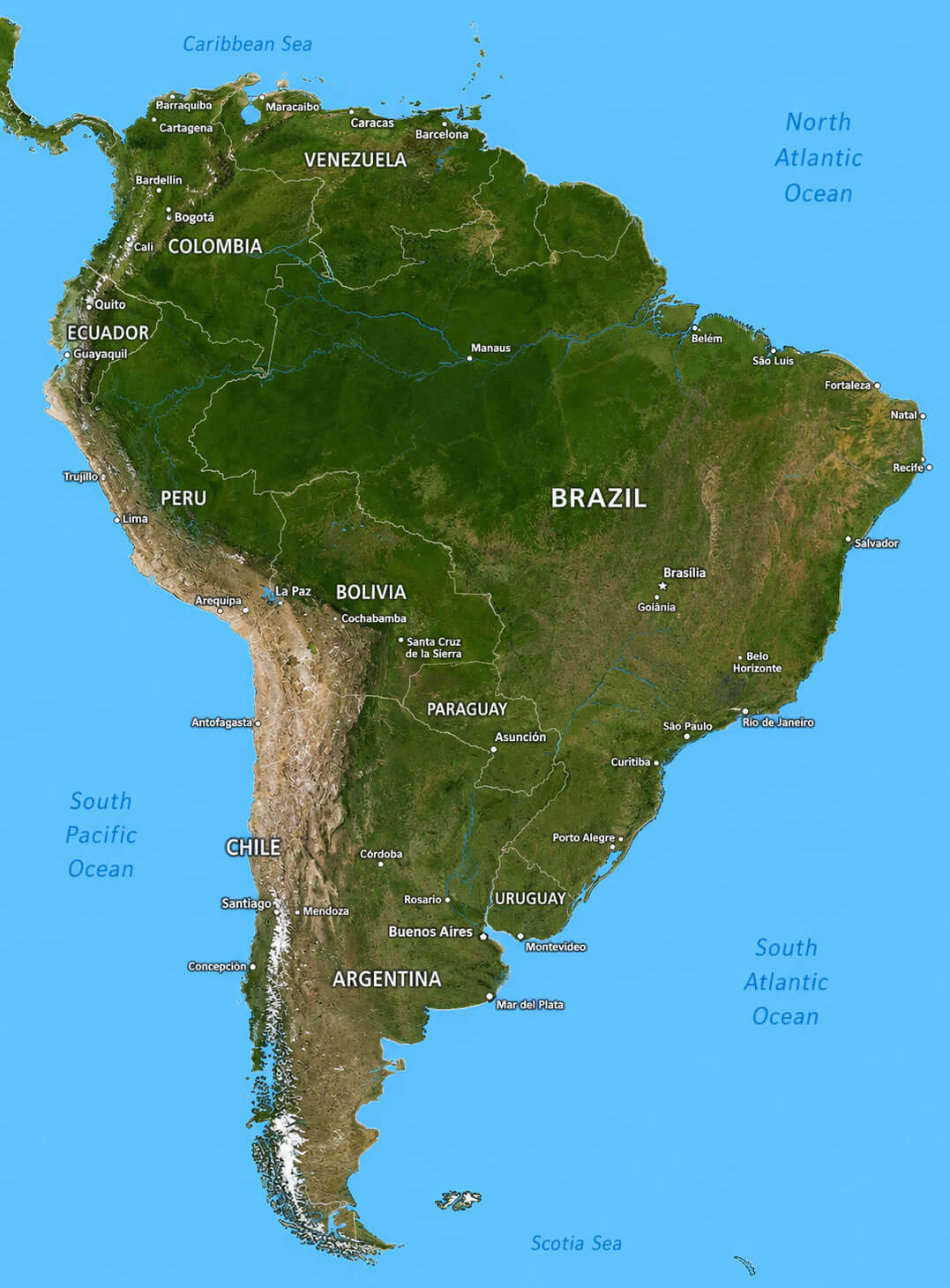 South America satellite physical terrain map