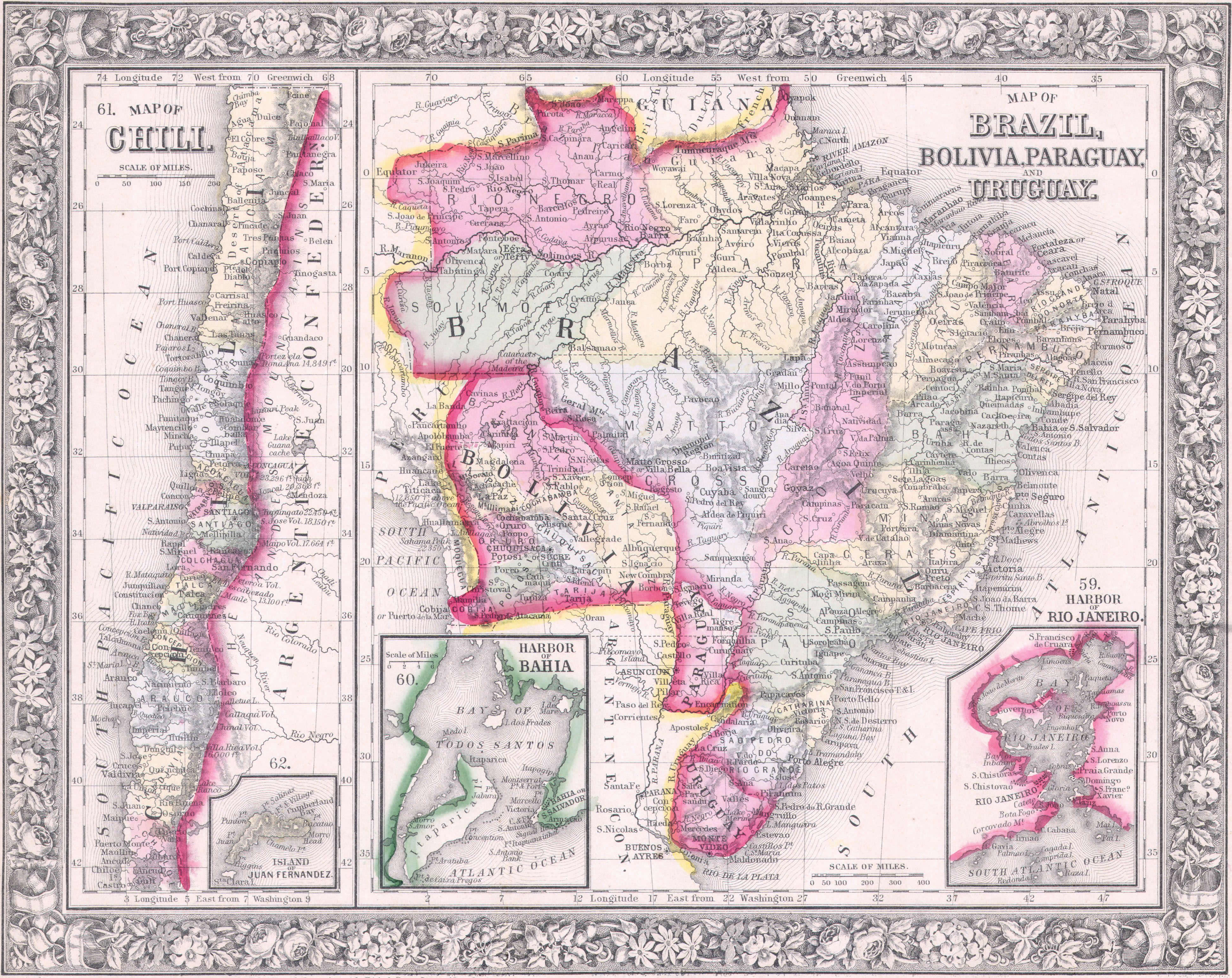 1864 Brazil Bolivia Chile antique map