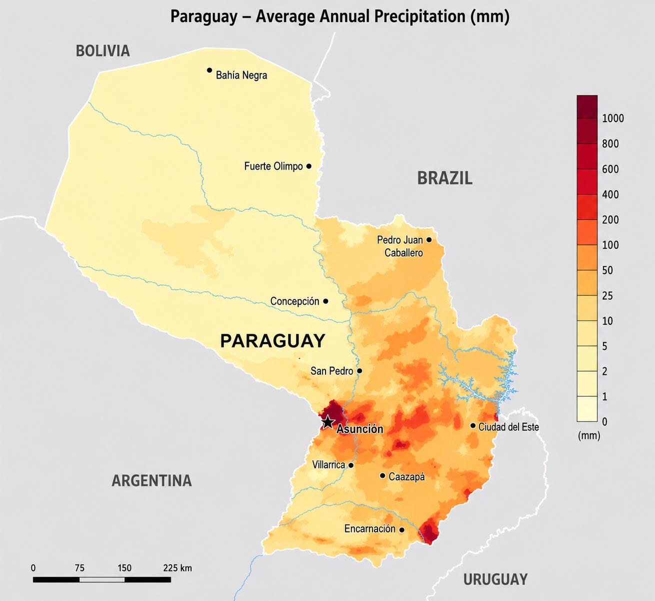 Paraguay average annual precipitation map