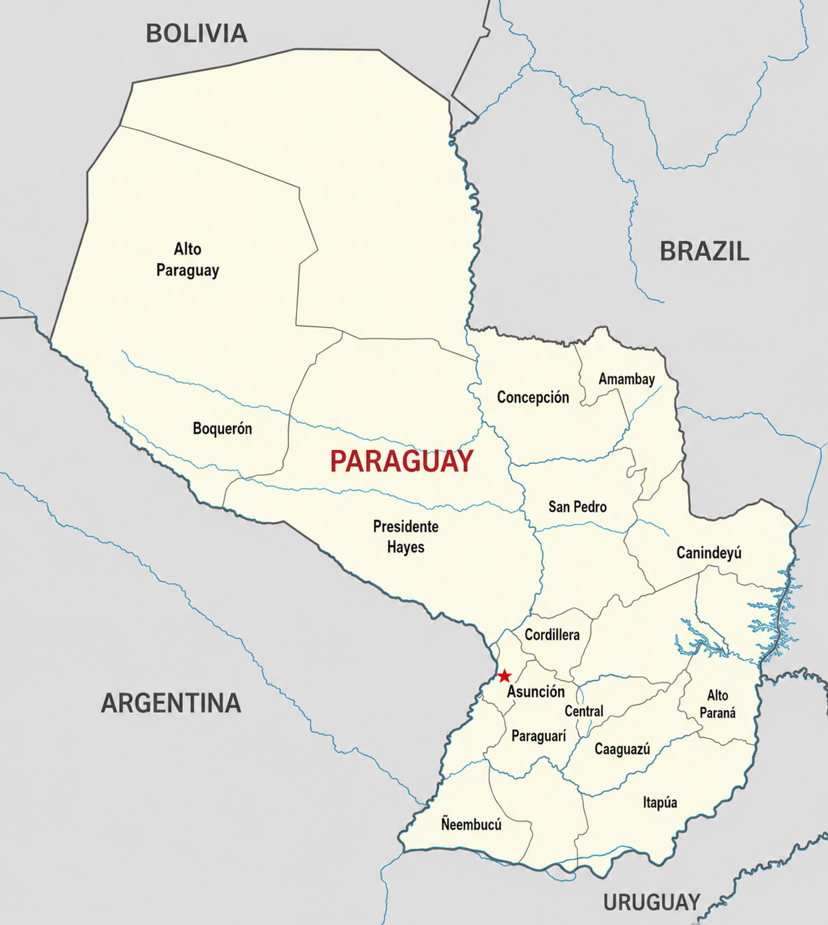 Paraguay major cities map with rivers