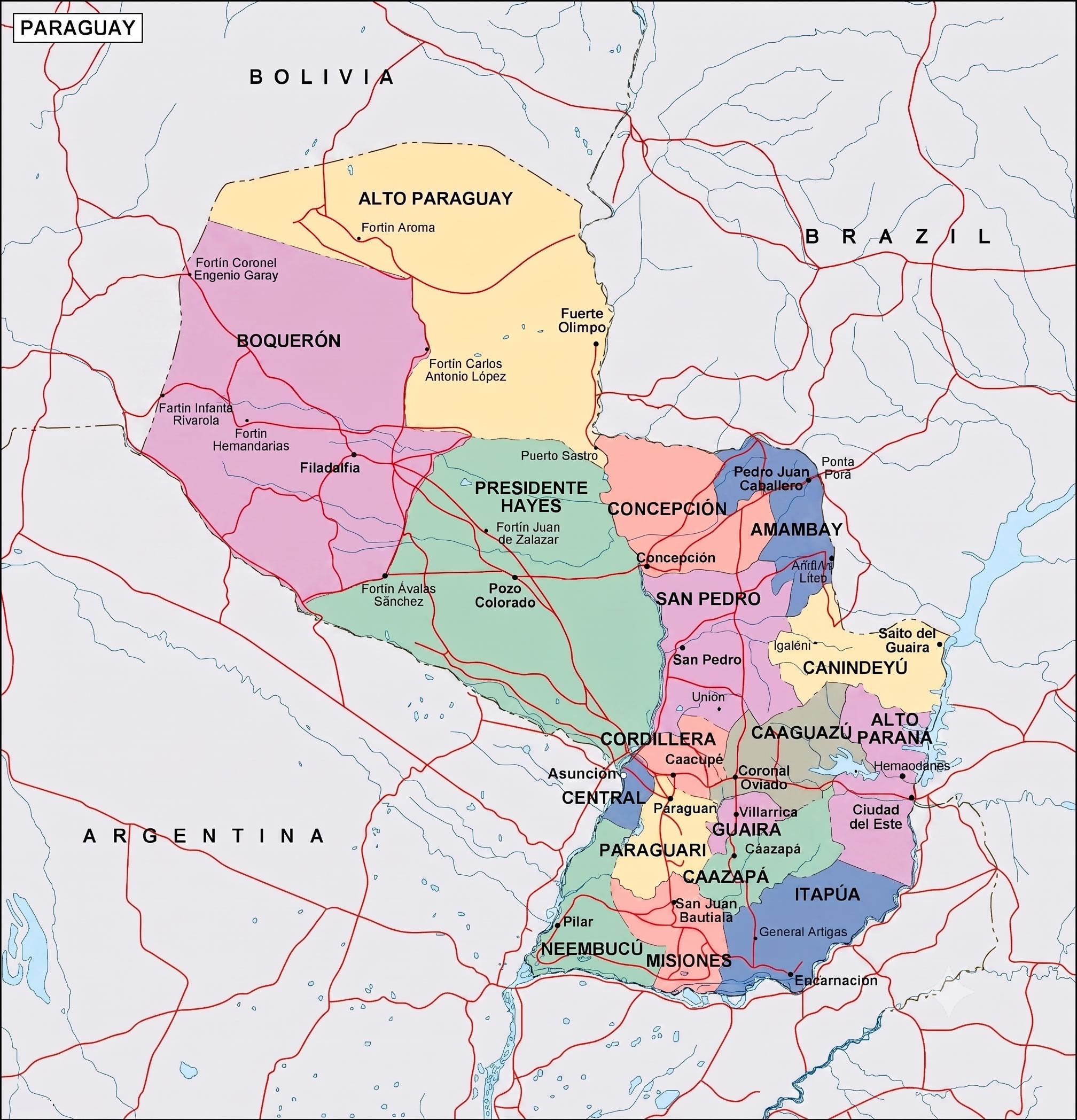 Paraguay provinces map with cities