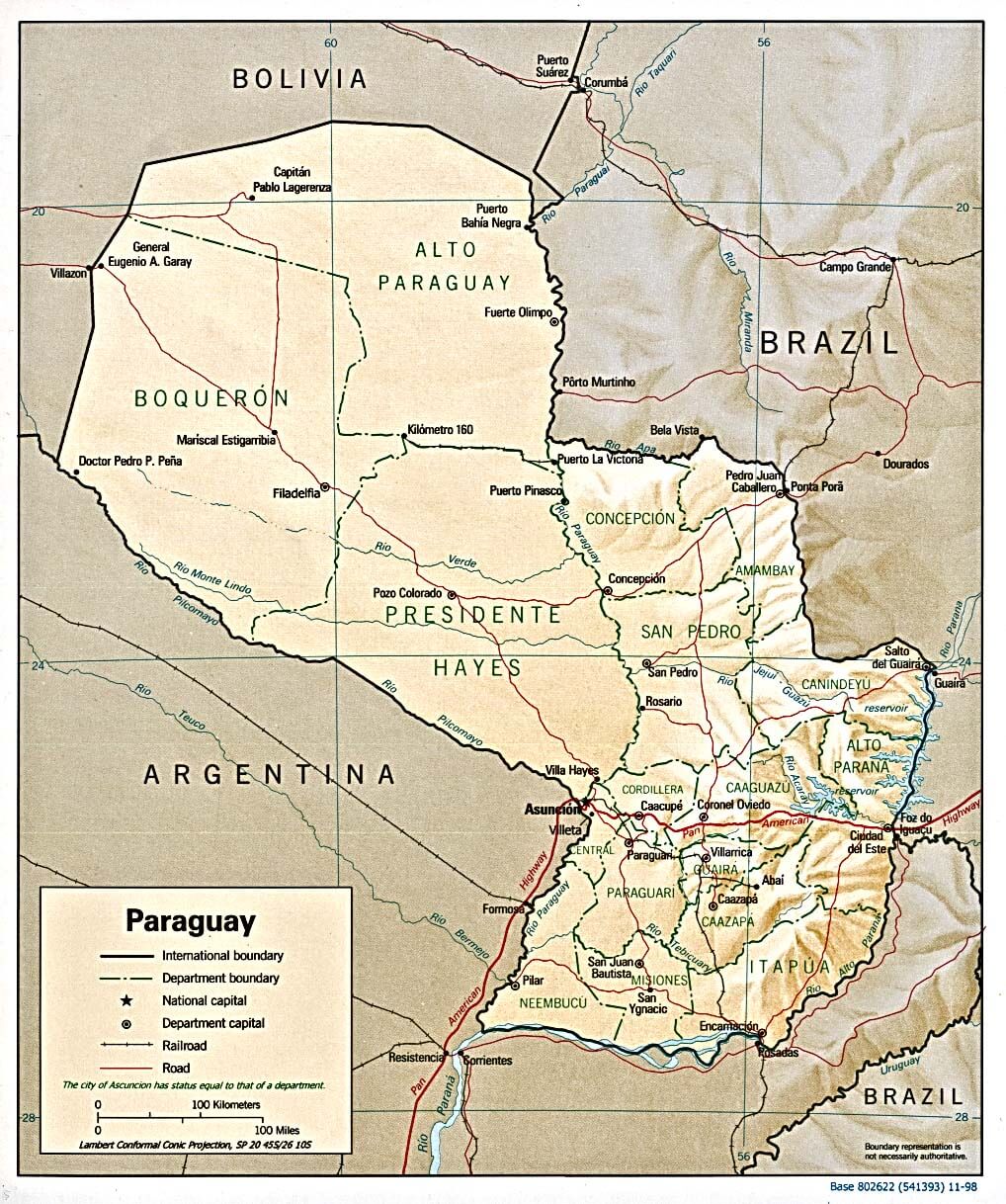 Paraguay shaded relief map 1998
