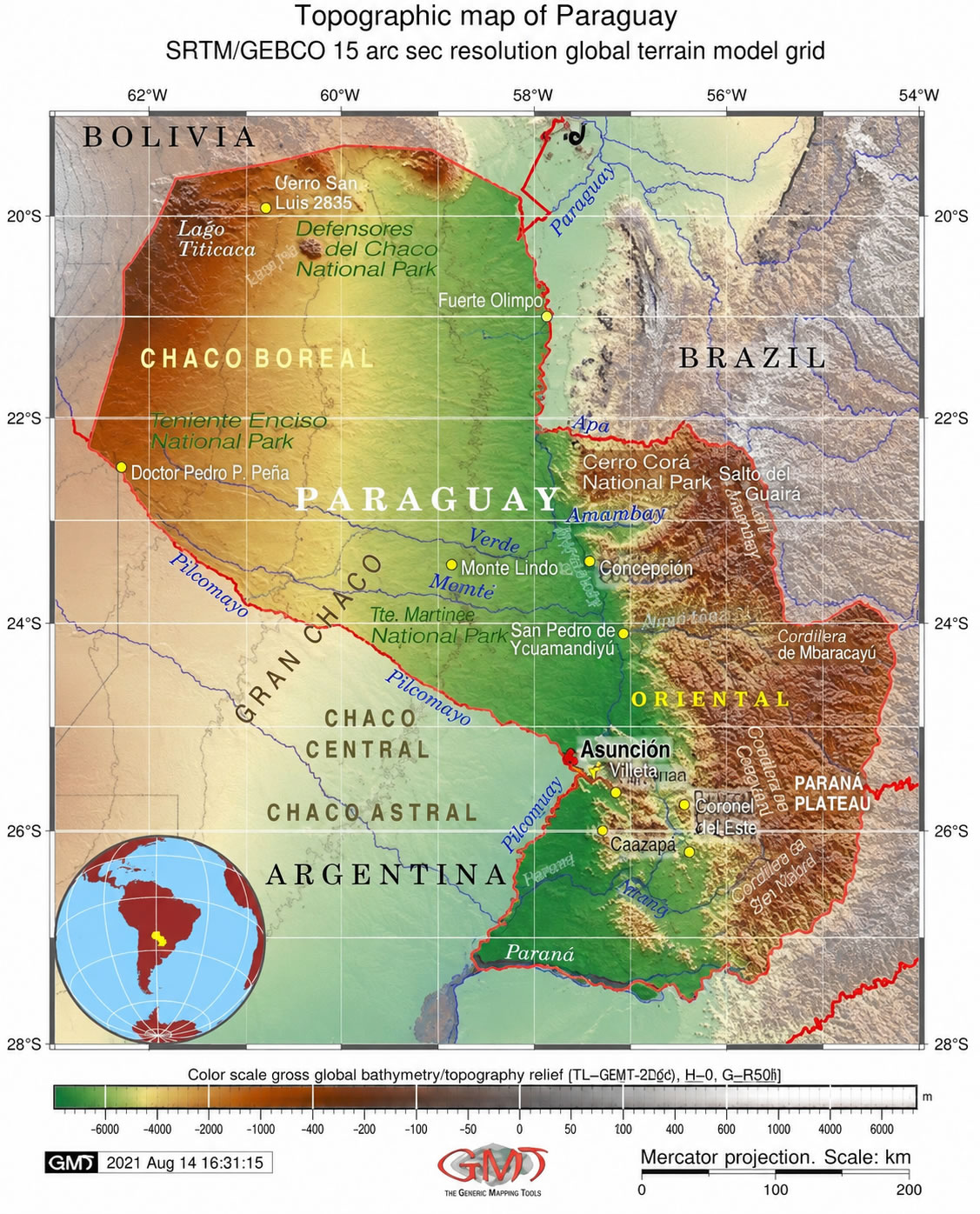 Paraguay topographic map
