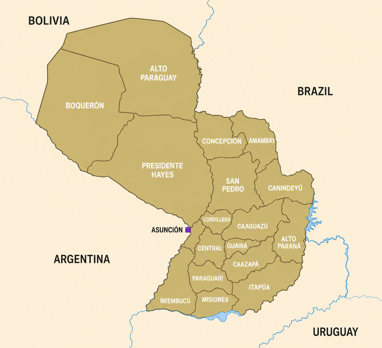 Paraguay major cities map with land borders