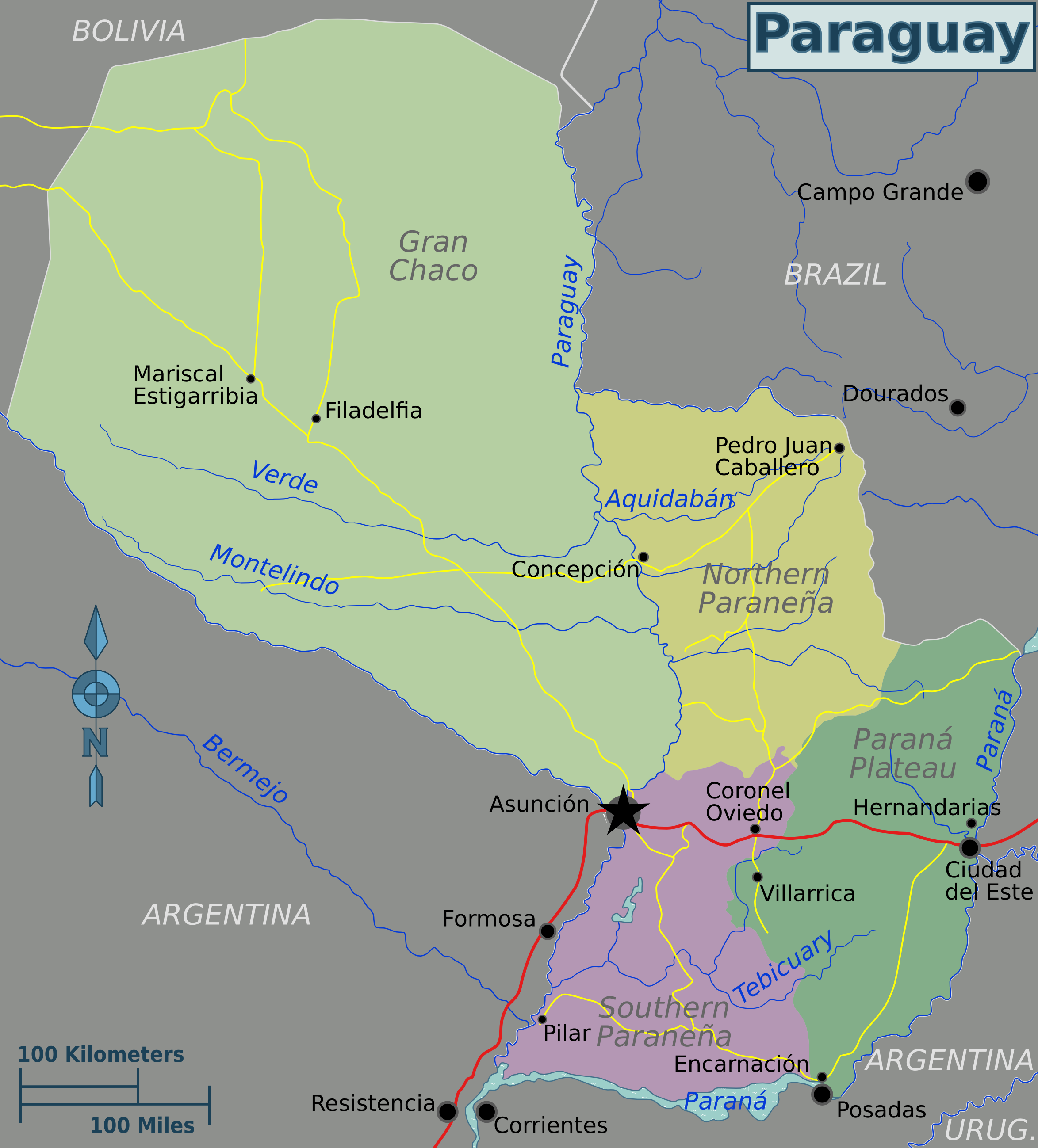 Paraguay regions and rivers map