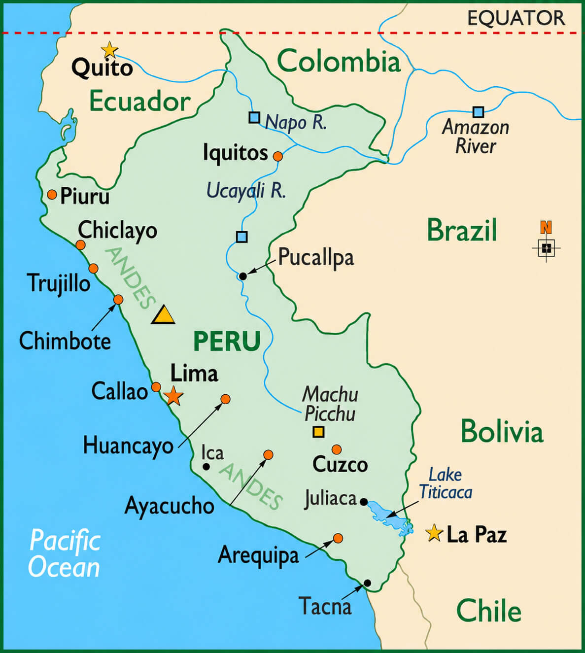 Peru major cities map with rivers