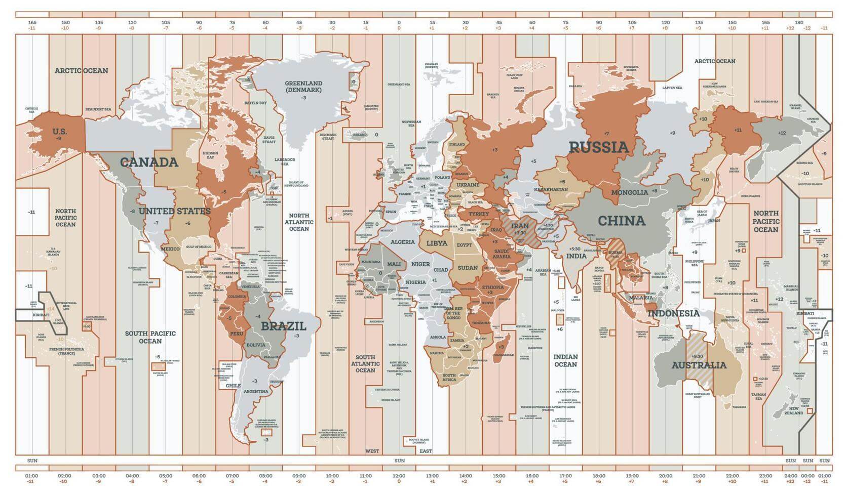 Detailed time zone map of the World map with countries