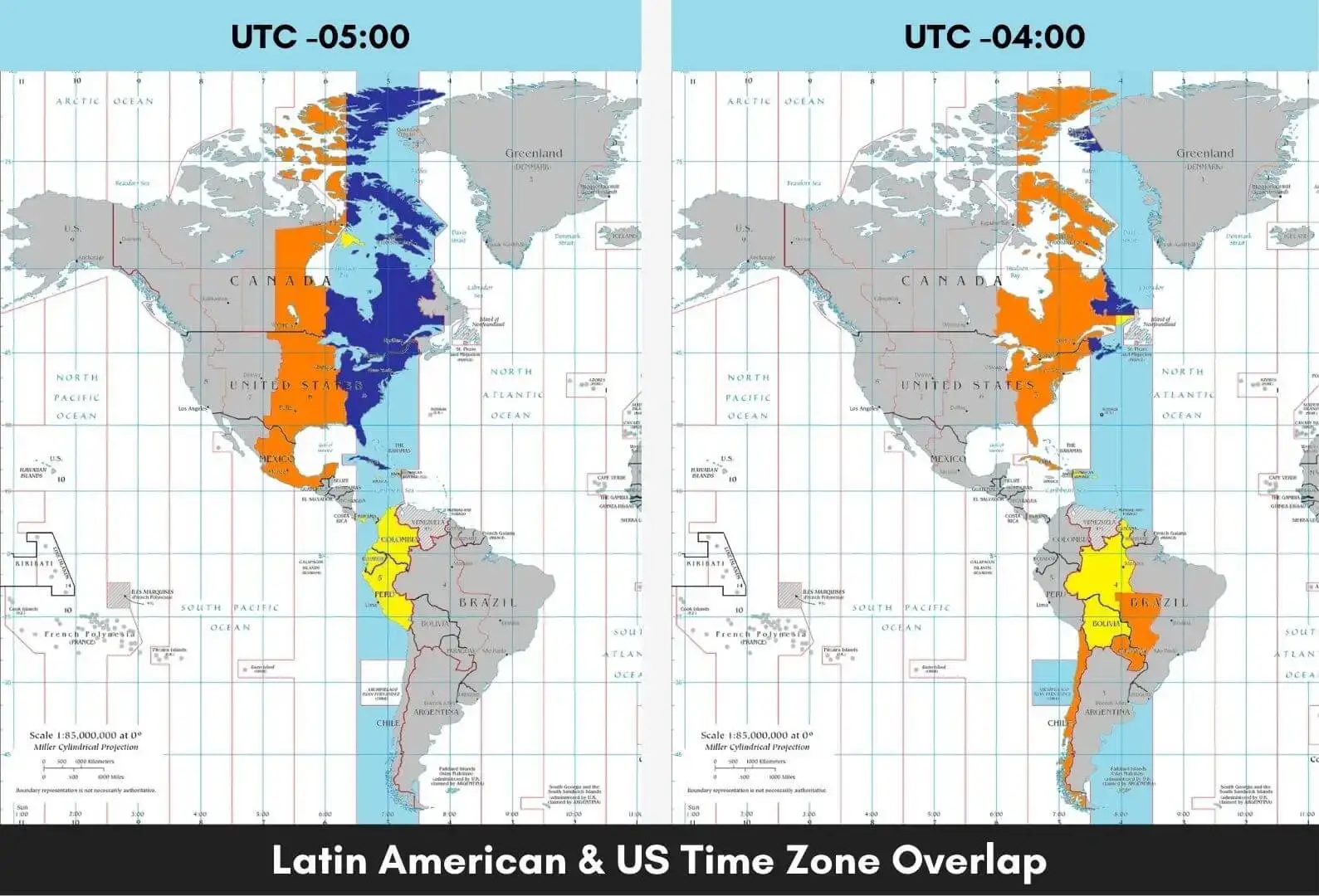 Latin America US time zone map