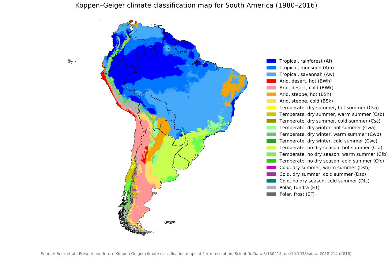 South America climate map with day light time