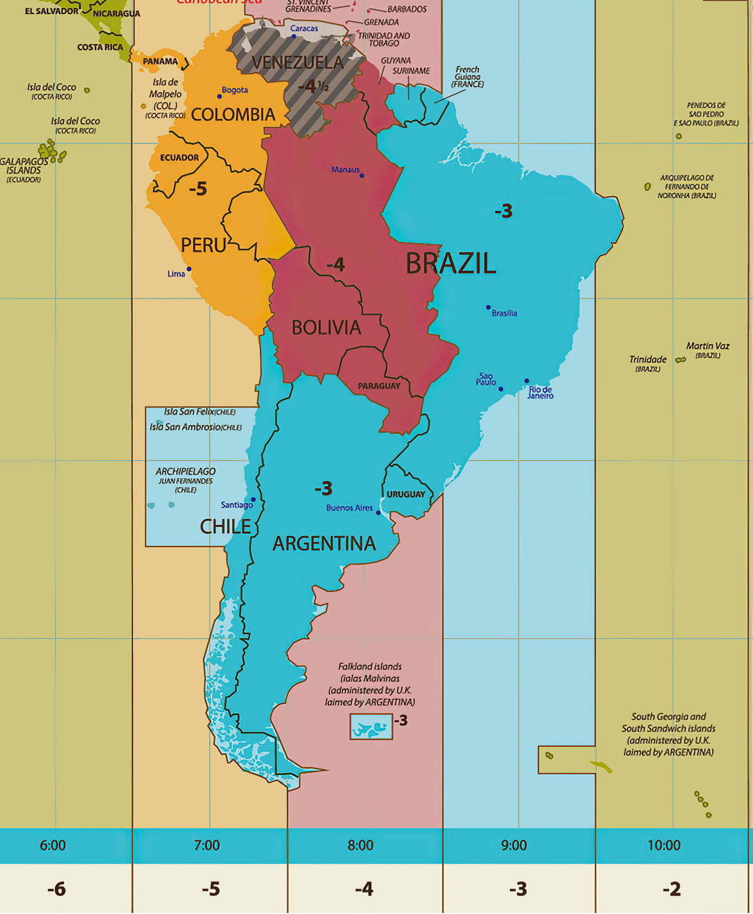 Time zone map of South America