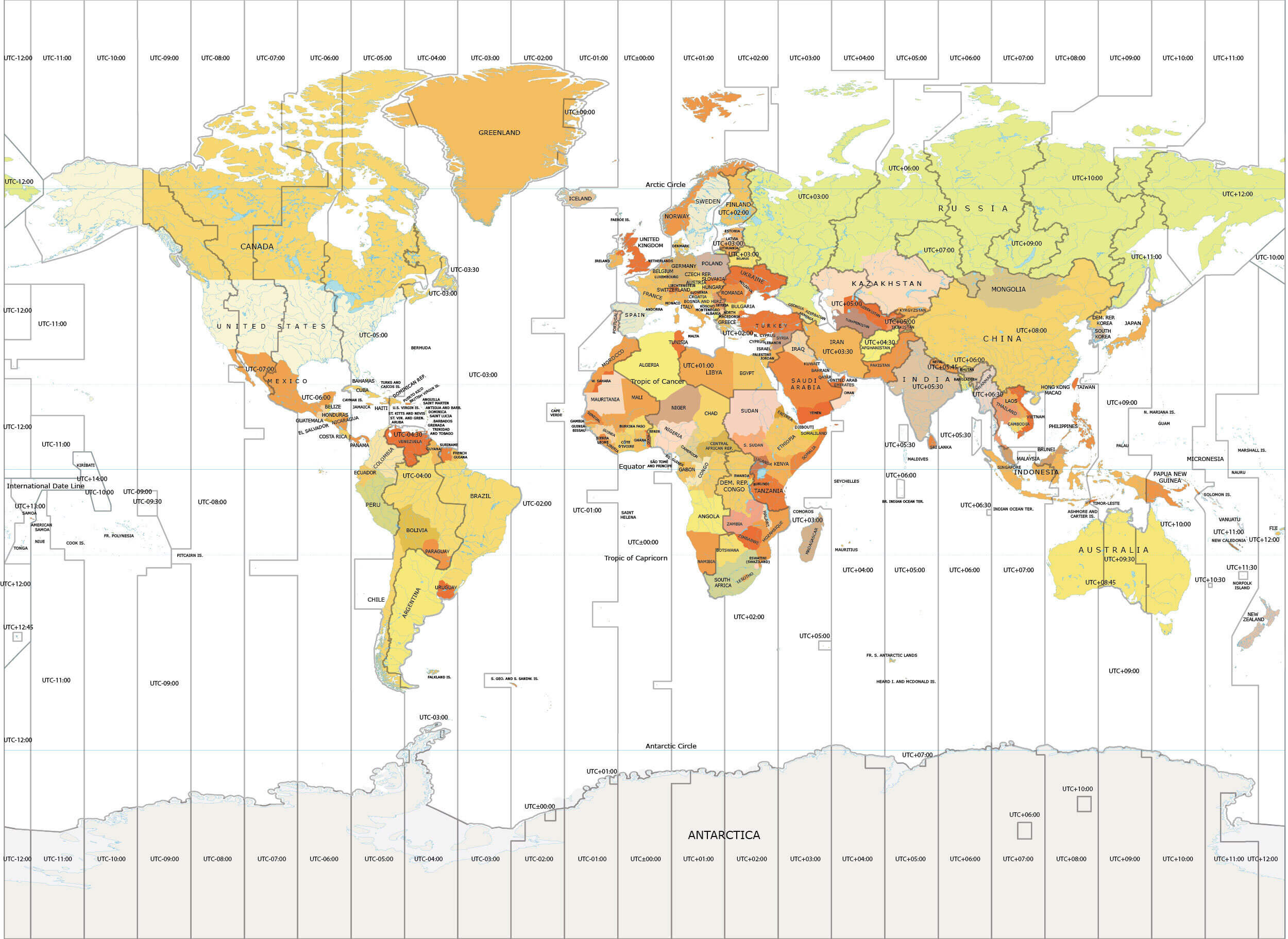 World time zones map with South America