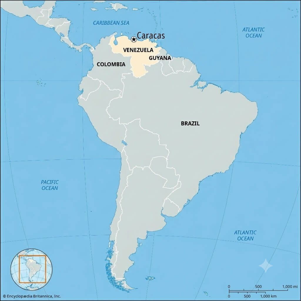 Caracas and Venezuela location in South America map