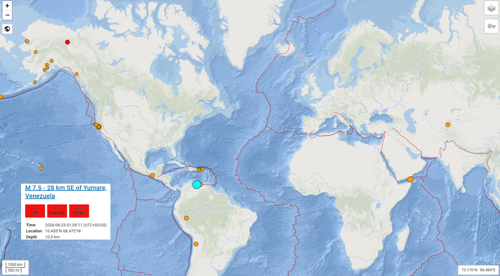 Venezuela Earthquake 2026 with World ocean map