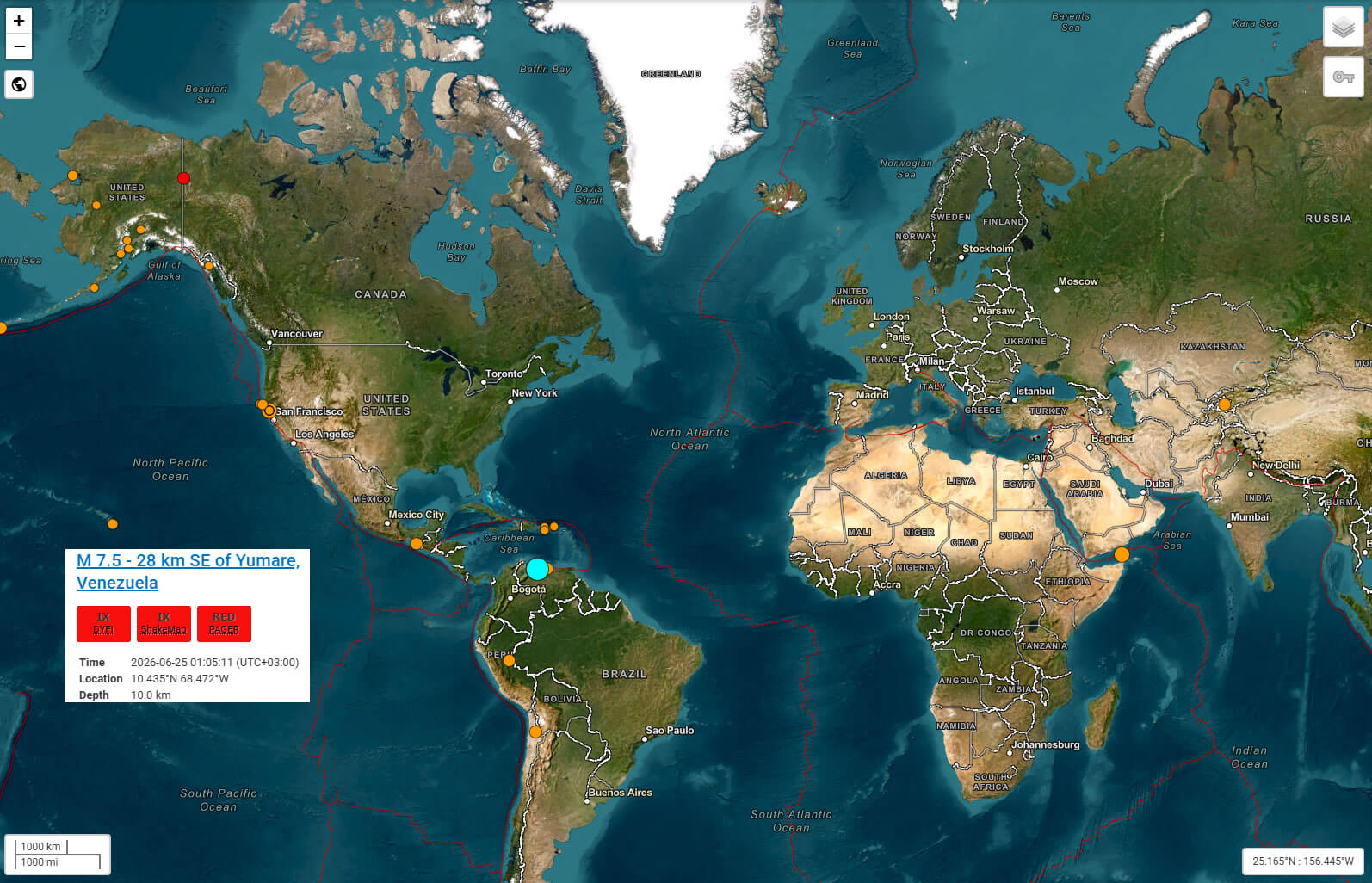 Venezuela Earthquake 2026 with World satellite map