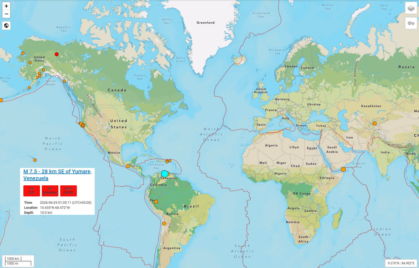 Venezuela Earthquake 2026 with World terrain map