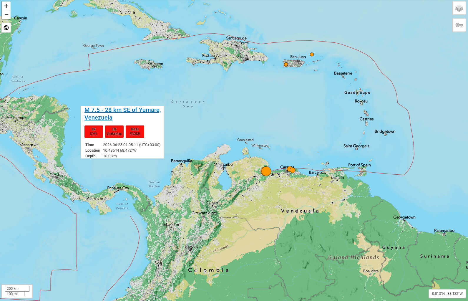 Venezuela Earthquake map population density