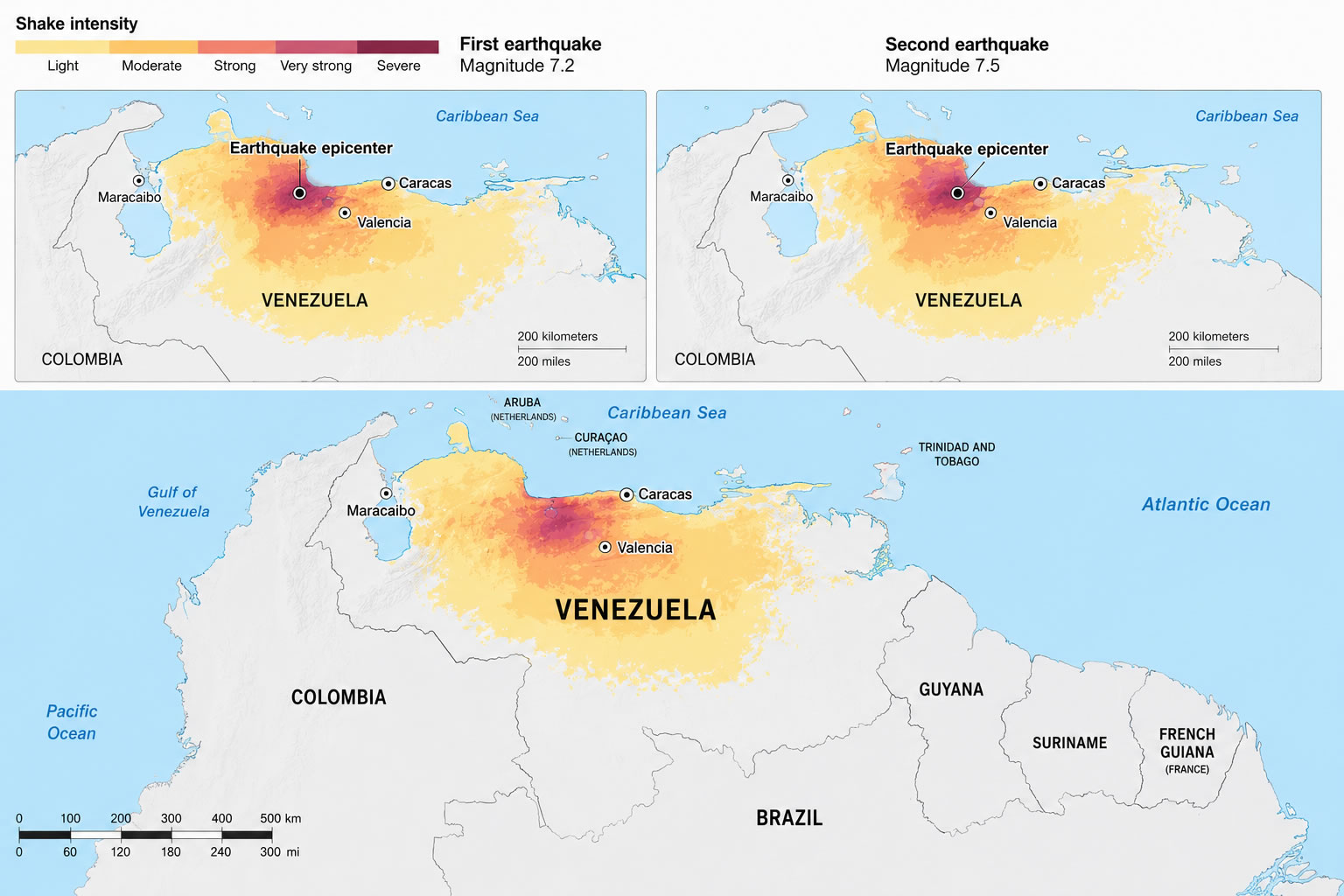 Venezuela earthquakes shake intensity map 2026 - 7.2 and 7.5 magnitude