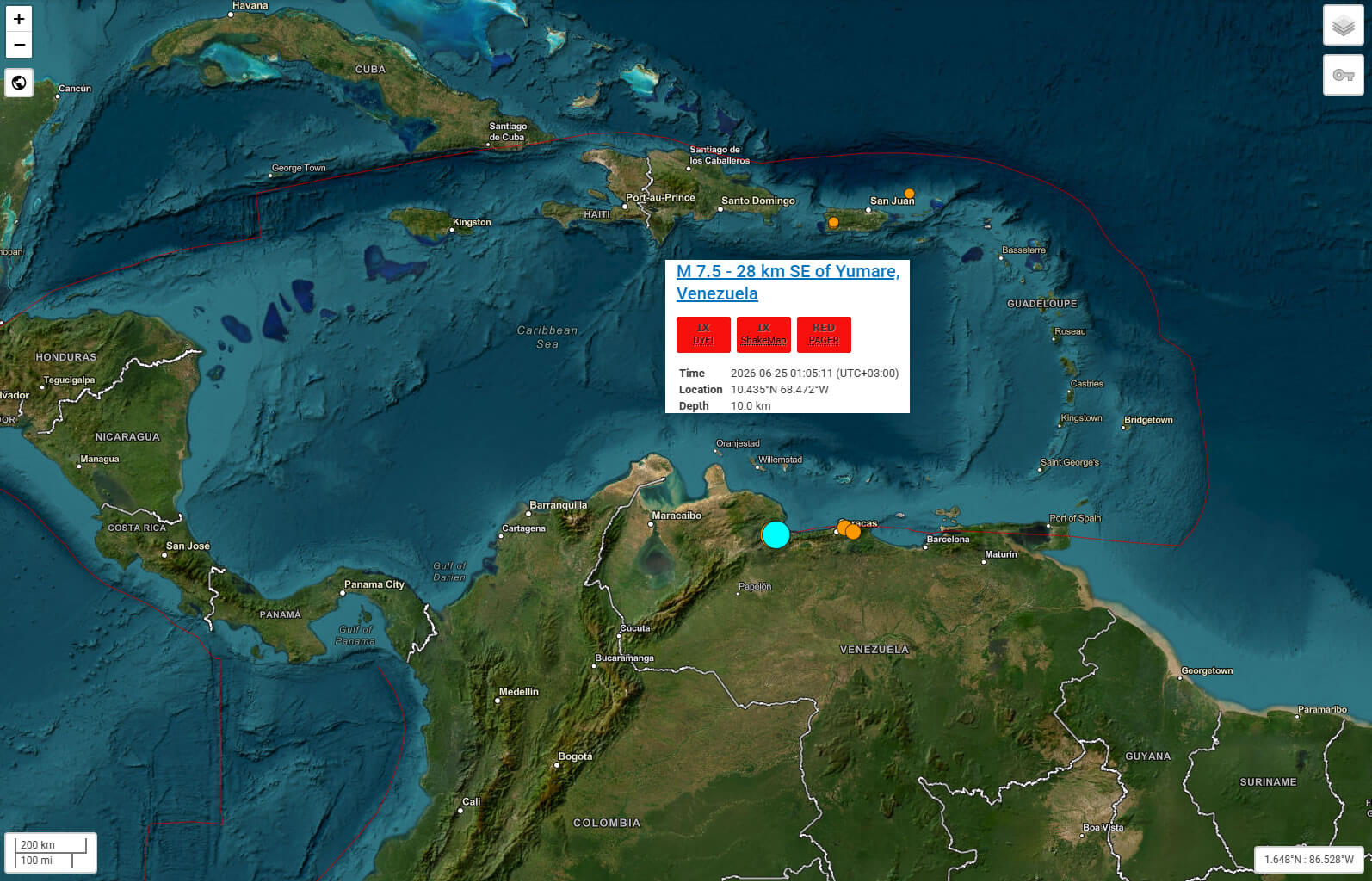 Venezuela satellite earthquake map 2026