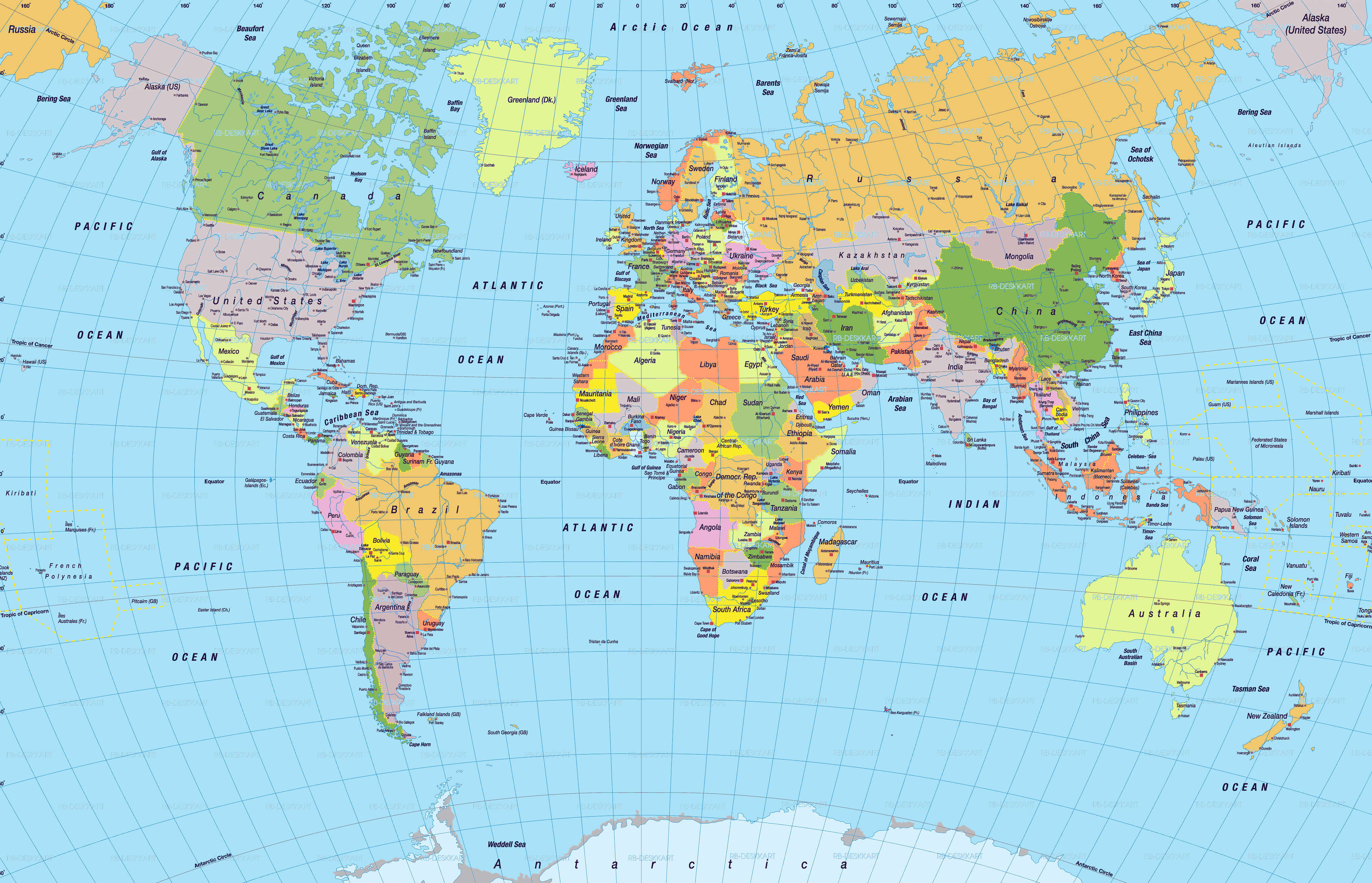 World countries map with cities