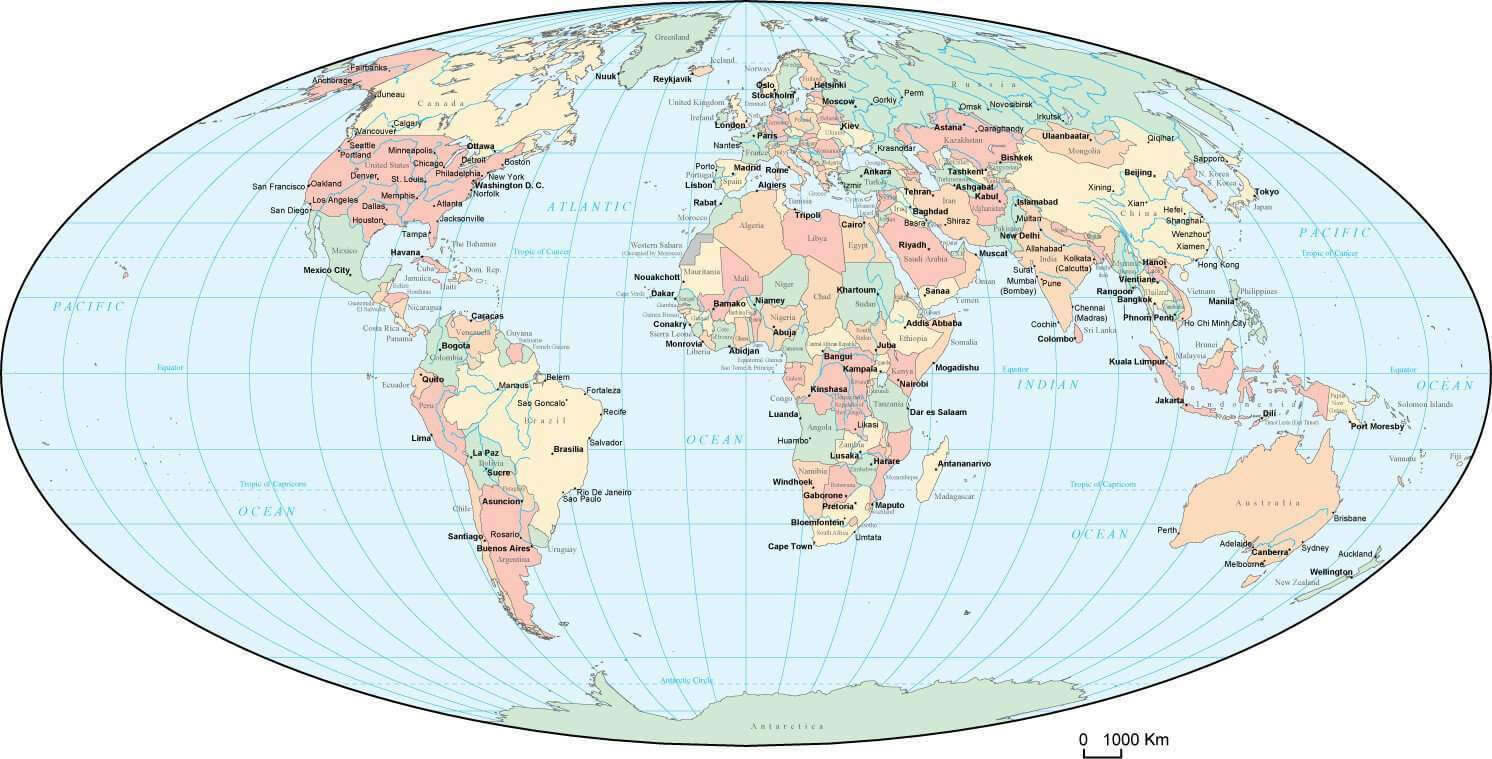 World globe capital cities map with longitude and latitude