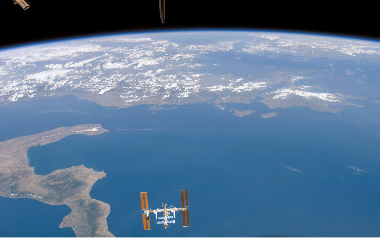 Earth view from space with station