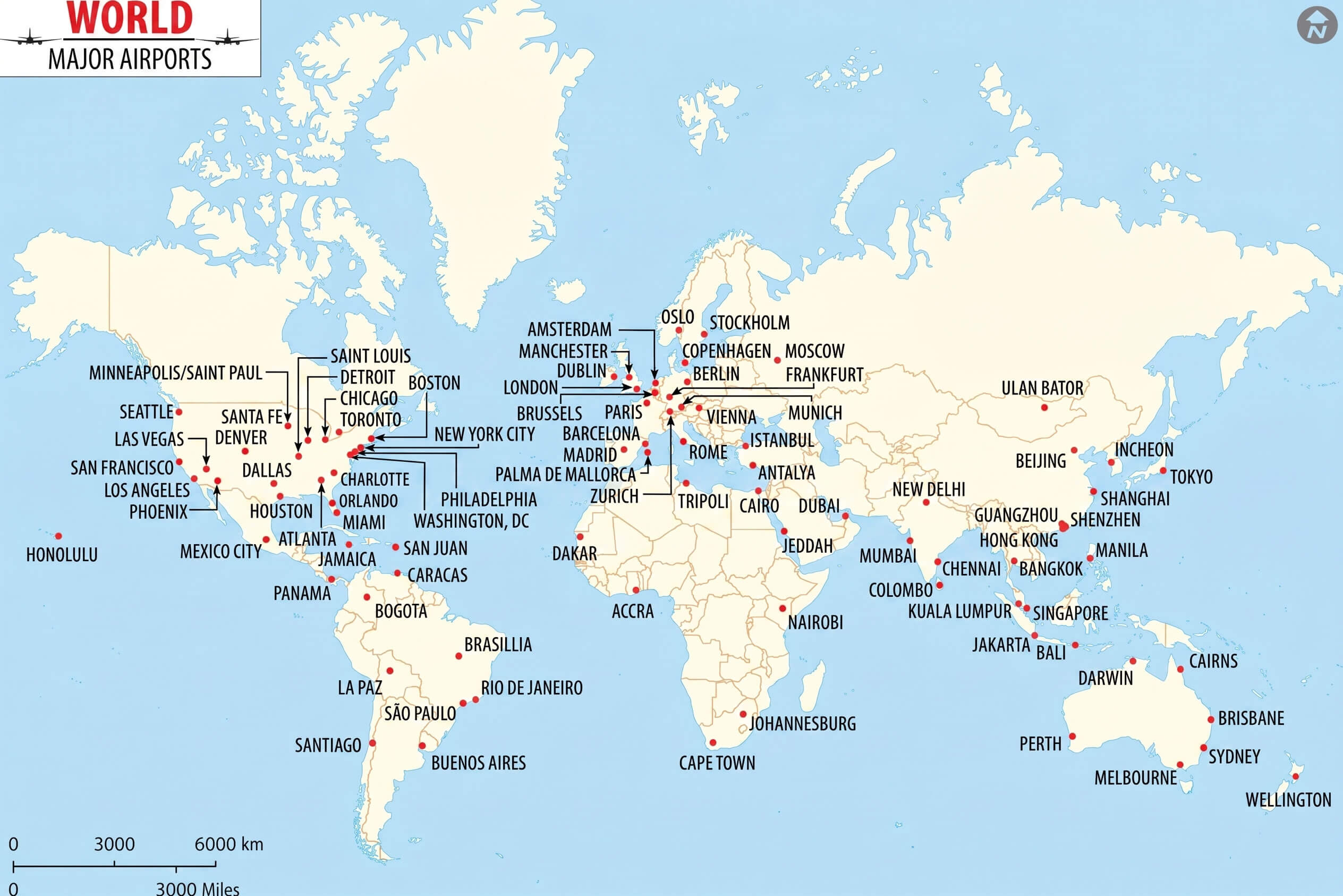 Major airports map of the World