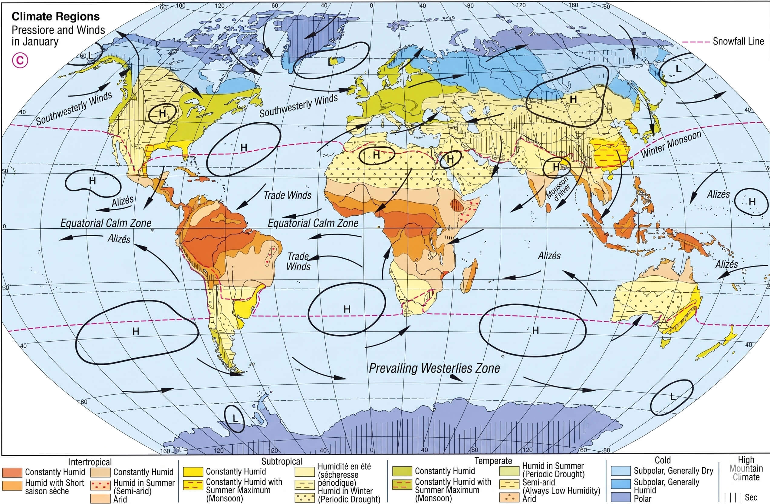 World climate zones map with oceans