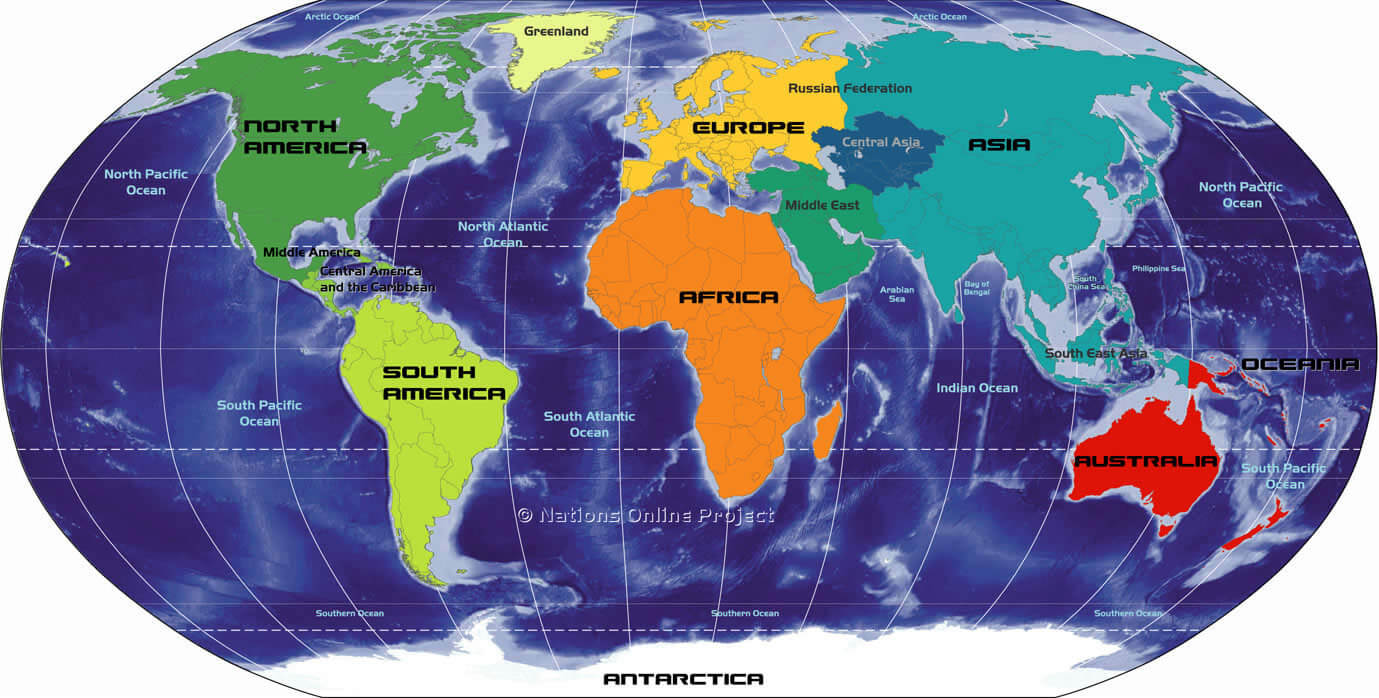 World continents map colored