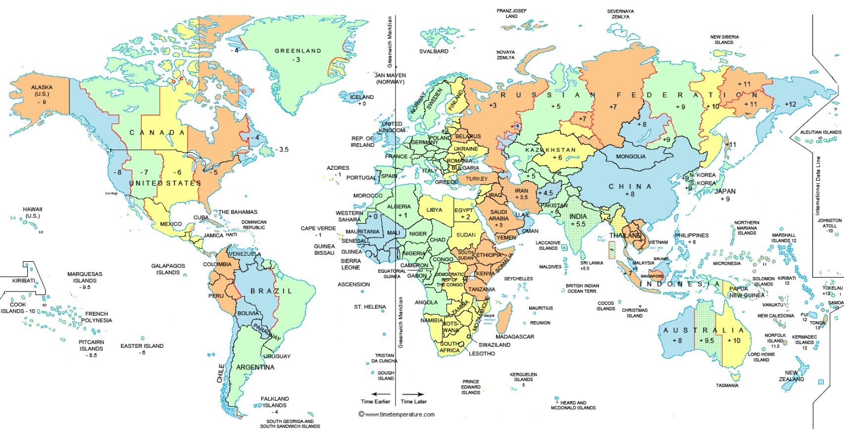 World countries time zone map